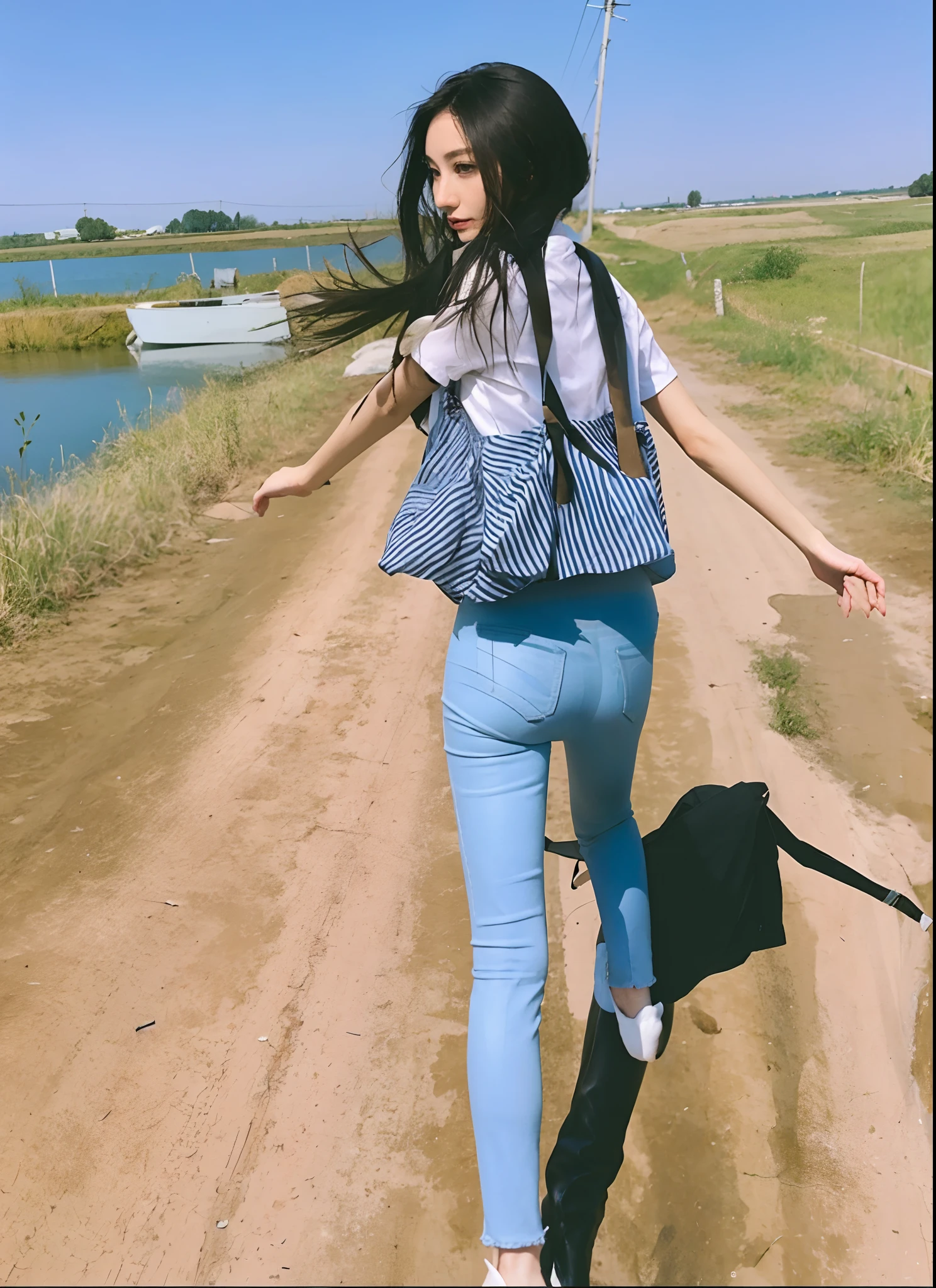 emaciated，big breasts thin waist，Thin leg，tight leather pants，femele，tall nose bridge，Thin back