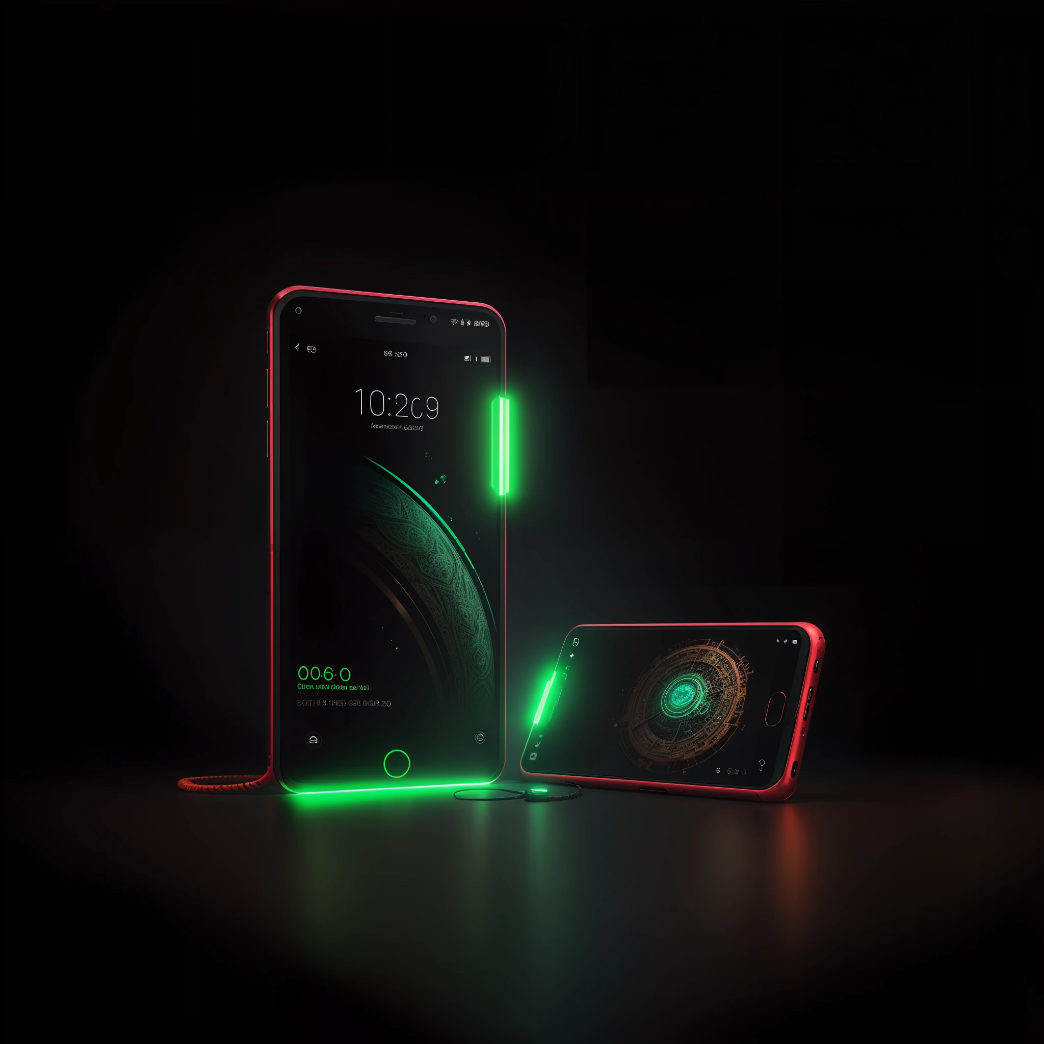 a futuristic phone with green flashes on them, in the style of realistic and hyper-detailed renderings, rotcore, crimson and aquamarine, neo-conceptualism, cobra, rich and immersive, shot on 70mm, steampunkai, intricate details, intricate surrounding, UHD, vibrant and bold ui on the OS [ios, android]