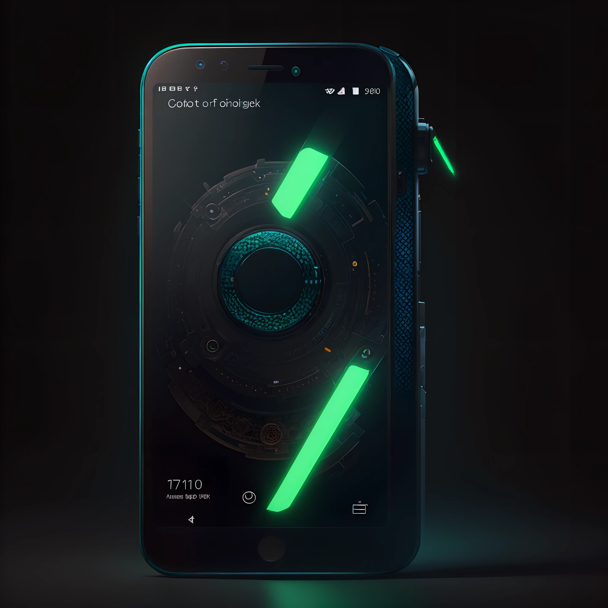 a futuristic phone with green flashes on them, in the style of realistic and hyper-detailed renderings, rotcore, crimson and aquamarine, neo-conceptualism, cobra, rich and immersive, shot on 70mm, steampunkai, intricate details, intricate surrounding, UHD, vibrant and bold ui on the OS [ios, android] --auto