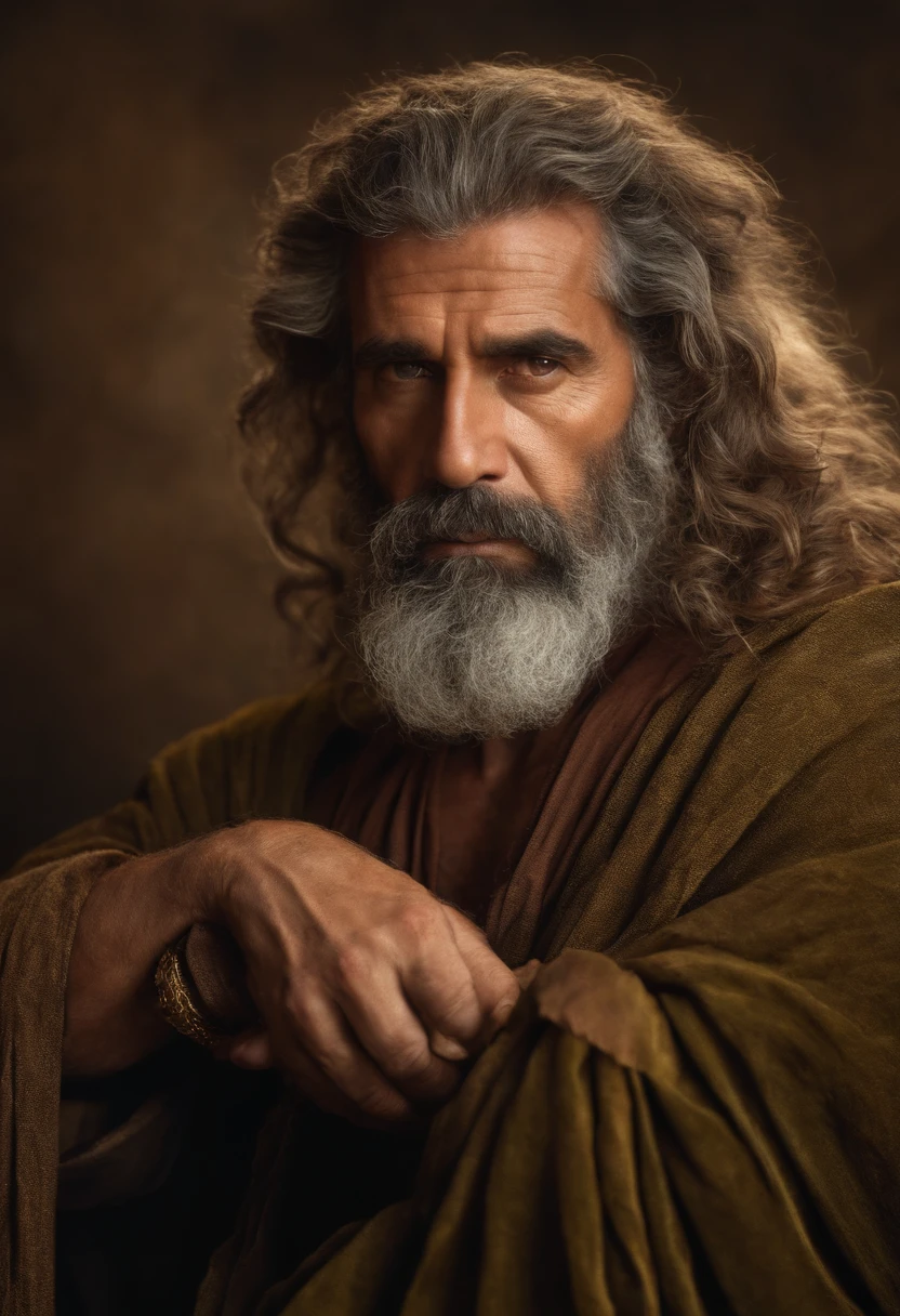 "Half-body photo of a wise and imposing man, de 40 anos, magro, barbudo e com cabelos grisalhos, with a serious expression and an air of experience. highes definition. Inspiration of ancient Greek man."