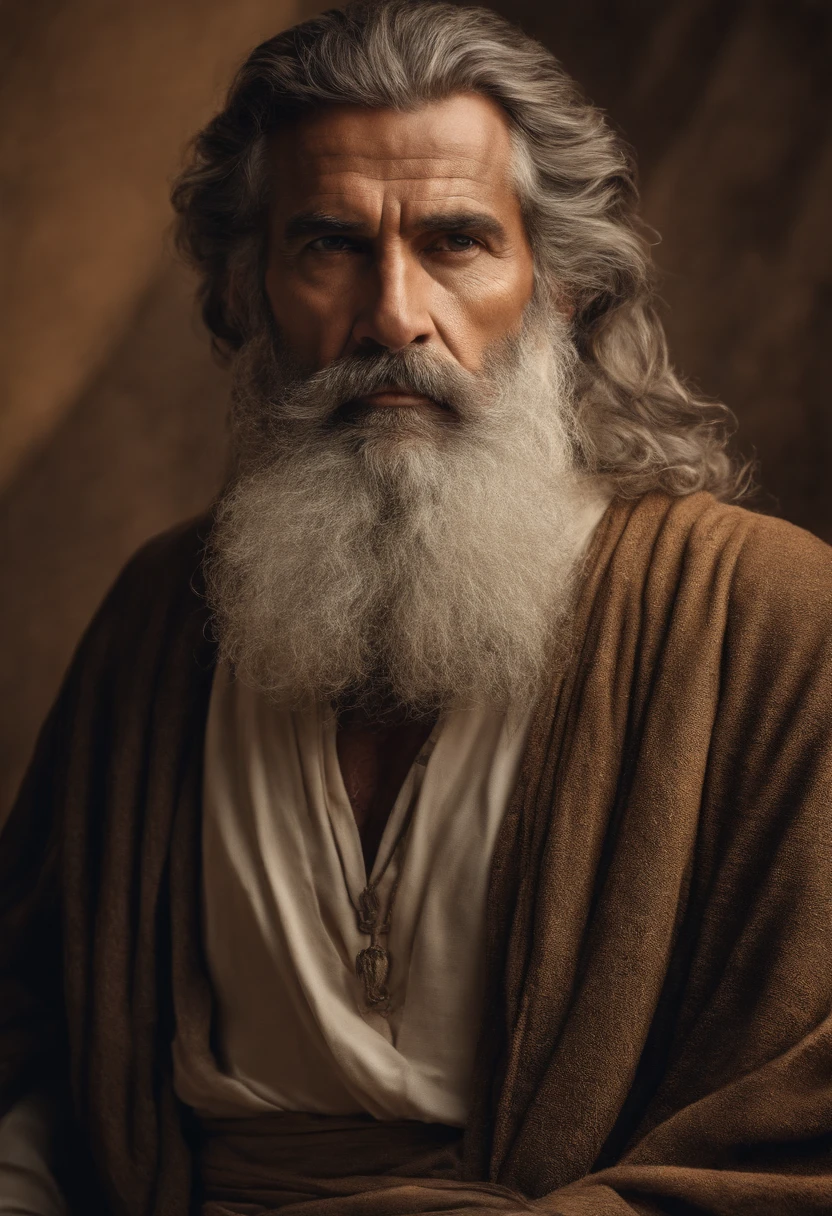 "Half-body photo of a wise and imposing man, de 40 anos, magro, barbudo e com cabelos grisalhos, with a serious expression and an air of experience. highes definition. Inspiration of ancient Greek man."