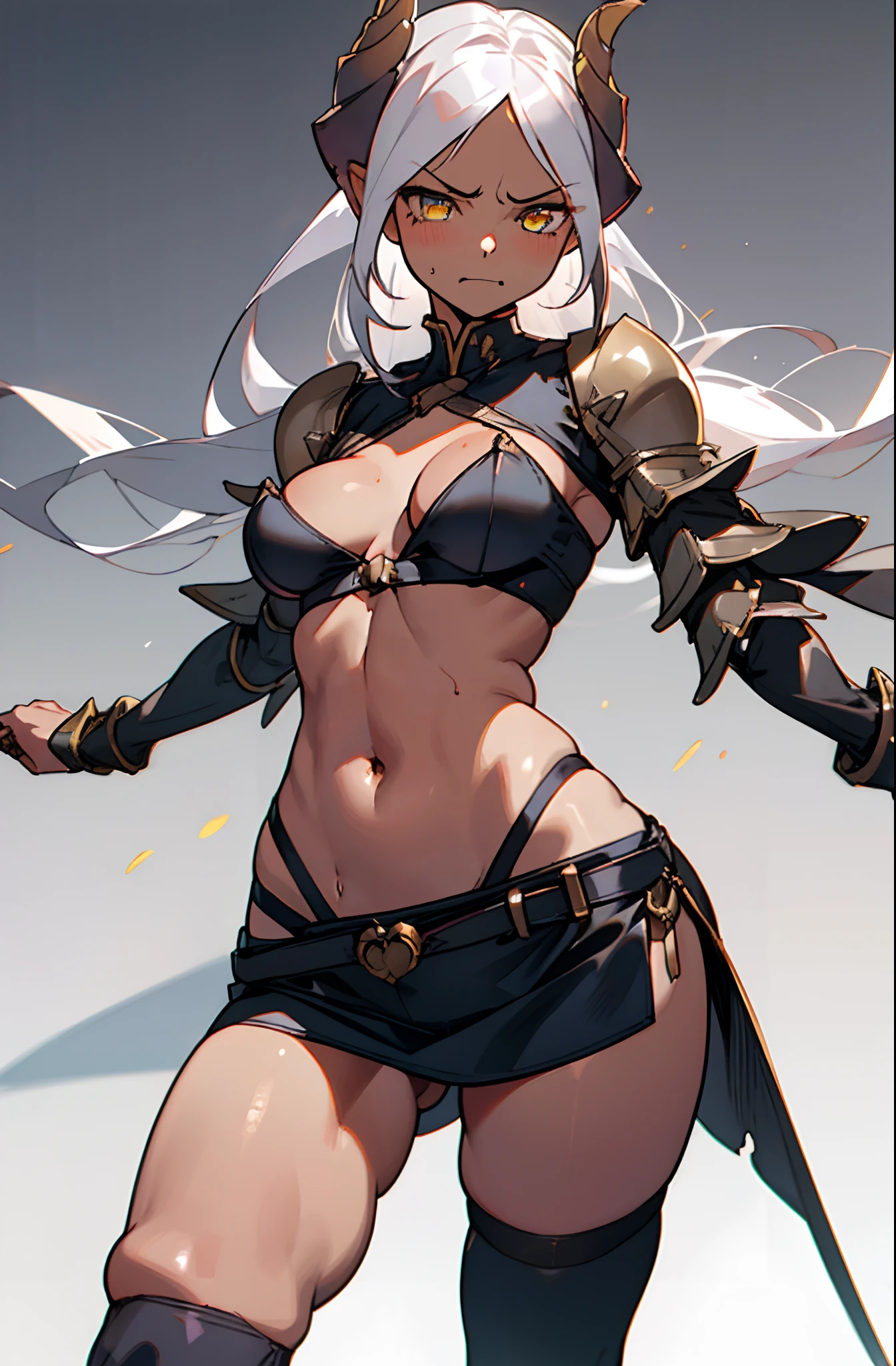 girl, tall,brown skin, hidden arms, white hair, detailed pretty eyes, navy yellow eyes,angry face, evil smile, medium boobs, long areolas, mid waist, ripped abdomen, medium thighs, small armor outfit, long black stockings, detailed clothes, sexy pose, masterpiece, hyper realistic, high definition,black horns