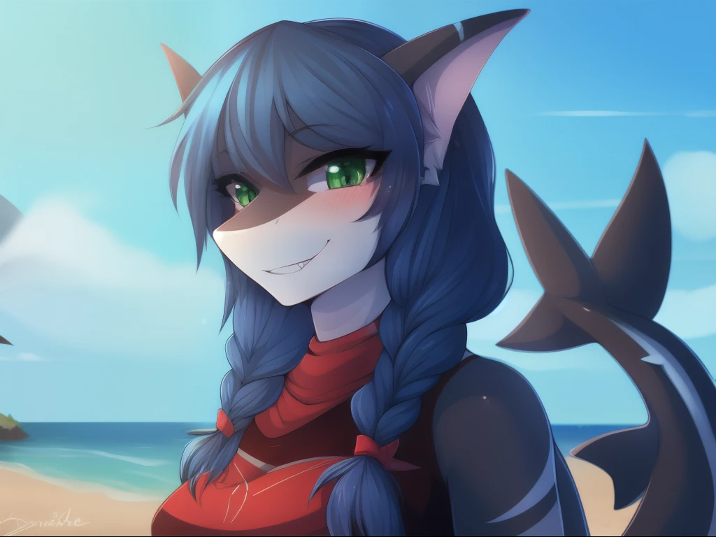 anthro, anthro shark, shark tail, girl, black skin, green eyes, dark blue hair, hair bobbles, wince, longeyelashes, light smile, ear blush, fang, braided ponytail, long hair, 8k, super detail, ccurate, best quality, anatomically correct, masterpiece