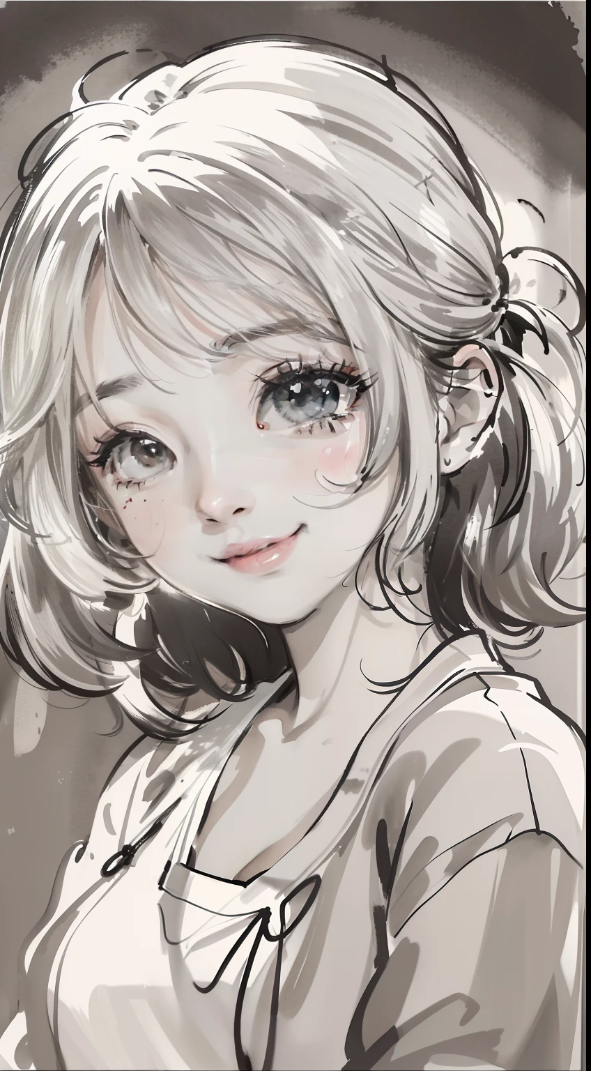 Ink painting,Ink sketch,Mono Color,white backgrounid,Genki girl,with dynamism,Full of prunes,Positive girls,Sunny smile,Stay positive and optimistic,Full of passion,The energetic girl exudes youthful vitality,Passionate about life and the future,It often brings joy and positive energy,All at school,Work or social situations,Energetic girls can drive the atmosphere,Energize your team's energy and creativity。