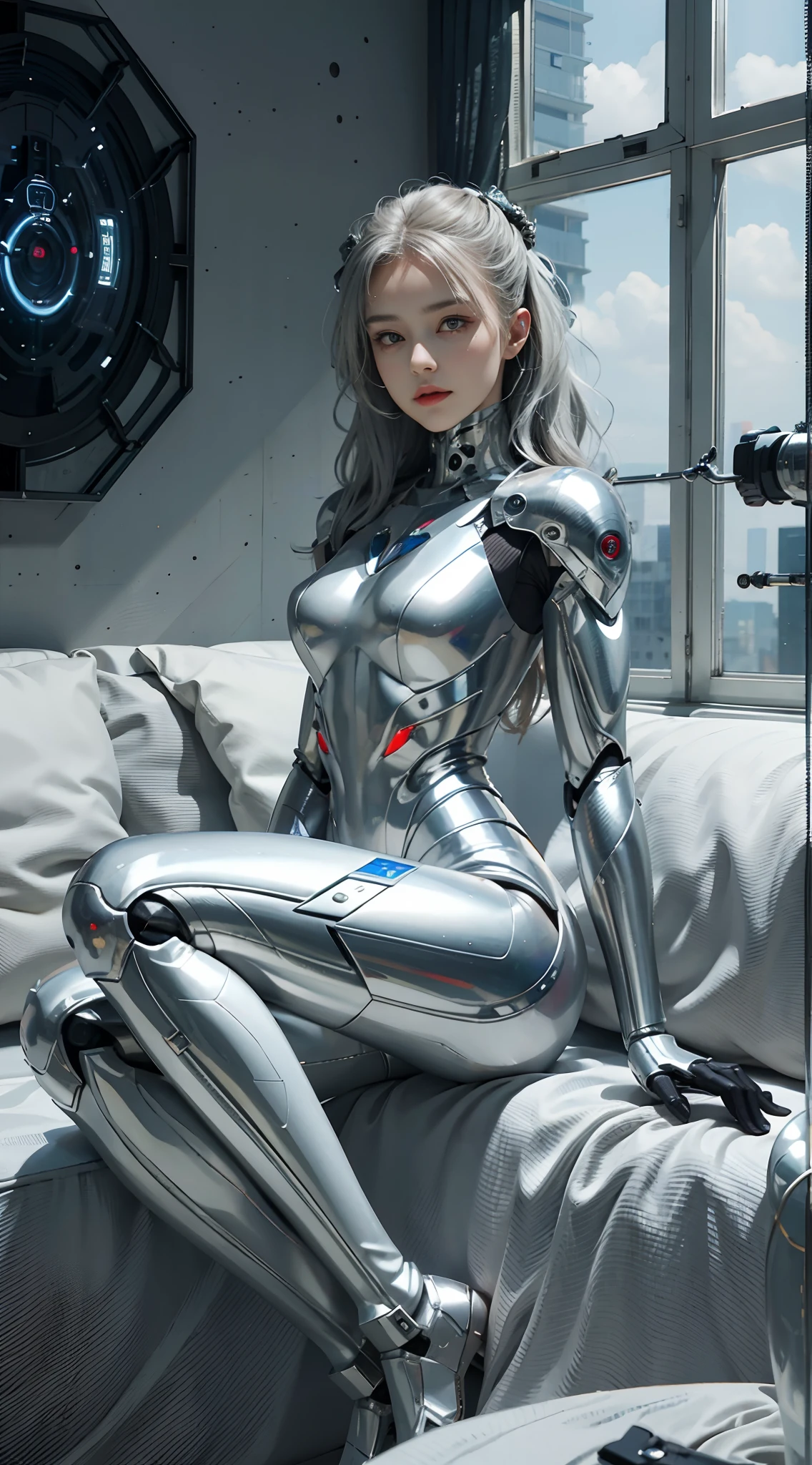 Best quality, delicate face, 20-year-old kpop idol girl, silver cyborg body, metallic body, (small breasts:1.07), metal structural skeleton, mechanical joint, bangs, seaside, standing posture, beach, (puffyareolas), (camel toe, cameltoe, vulvashaped:1.2), cyberpunk, sci-fi,