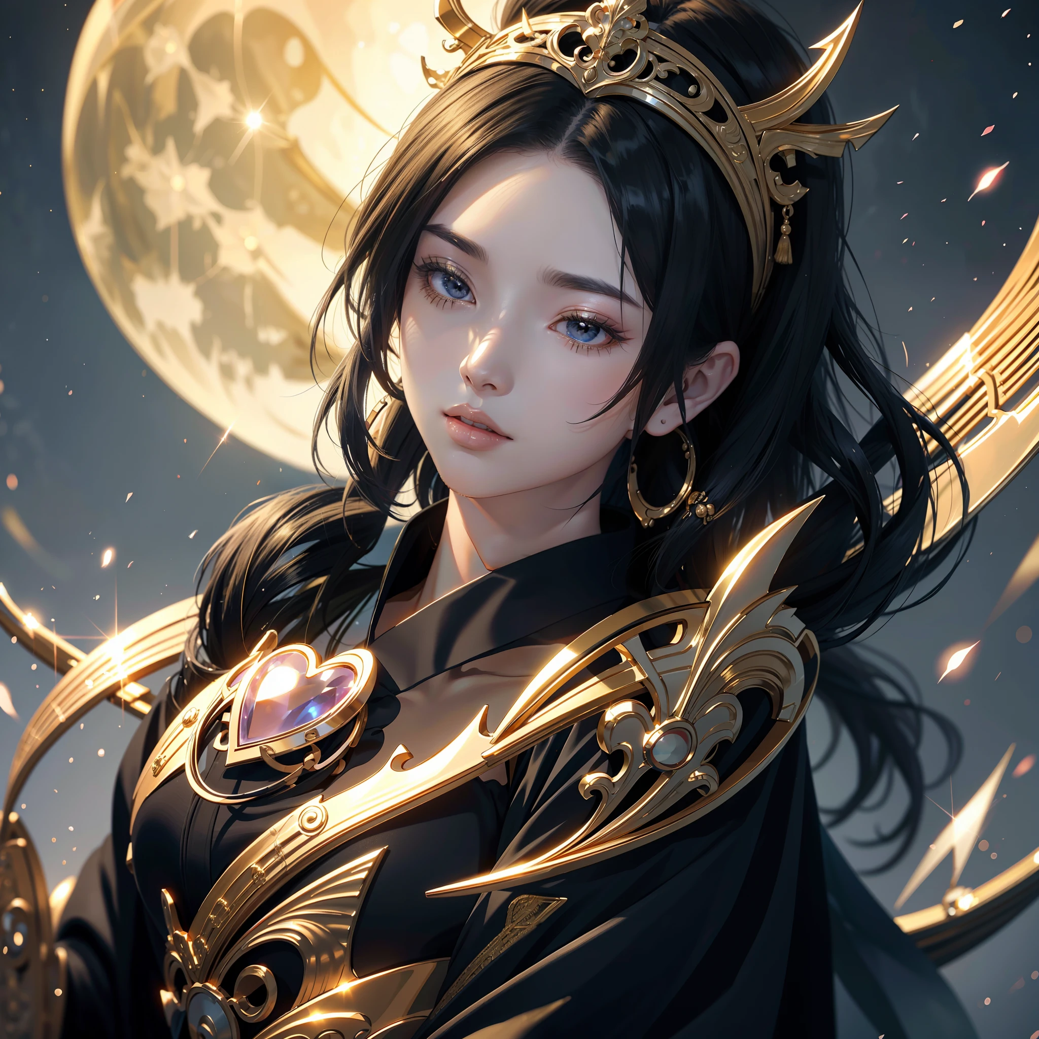 watching at viewers、moon in background、poneyTail、Woman with shiny black hair、{{{Luxury kimono(Black kimono(Detailed golden embroidery,))}}}、face perfect,Depict a beautiful and graceful woman of Japan。Heart in the eye。full body Esbian。 Beautiful anime art wallpaper 8k, beautiful fantasy anime, Beautiful anime, Detailed anime artwork.Blur the background with a sickle,((masutepiece)), ((Best Quality))