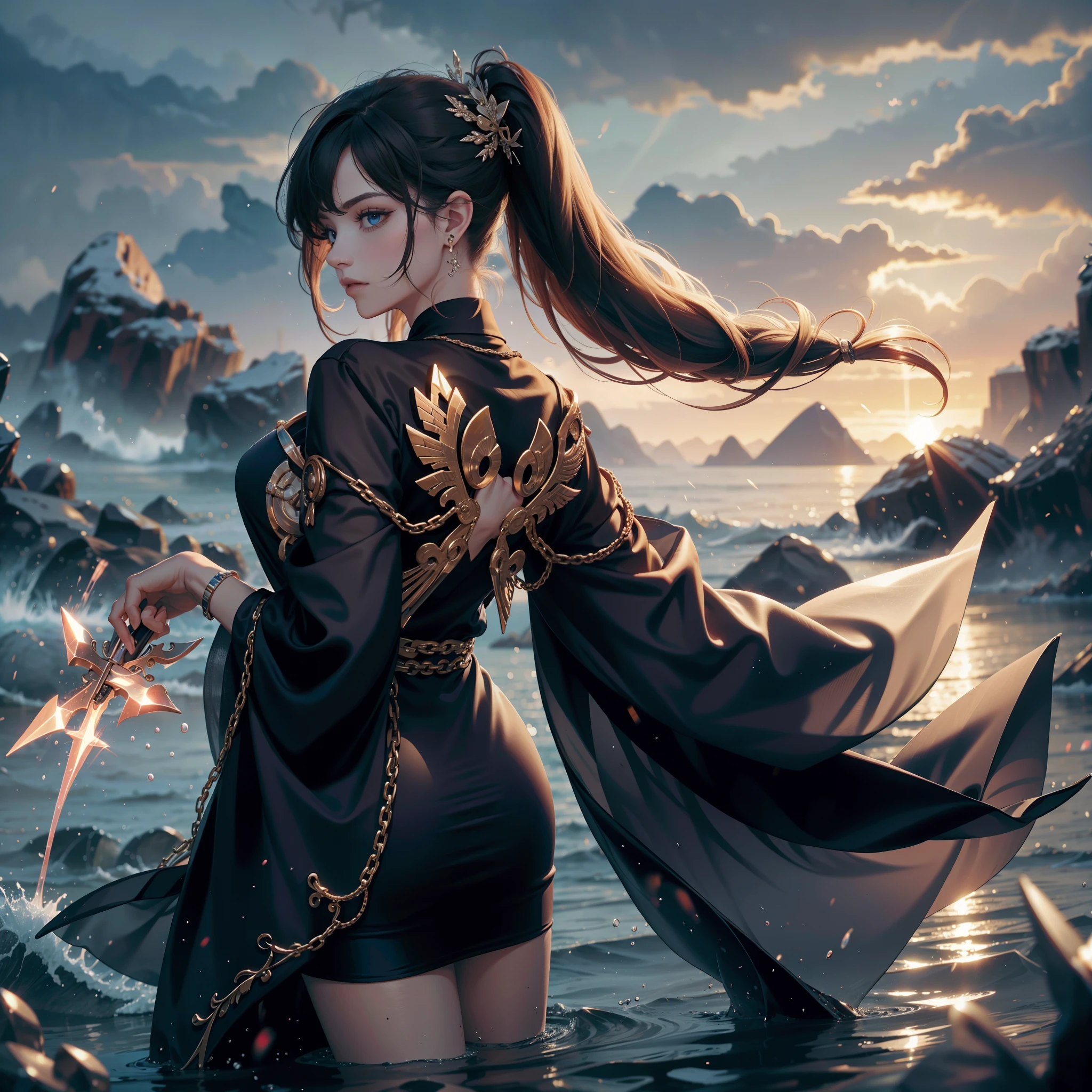 A woman in a flowing black gauze dress stands on a rock，There is mist underfoot，There are some buildings in the clouds and mist，The background is the sunset，The sky is bright red, Anime Fantasy Artwork, anime epic artwork, fantasy art style, anime style 4k, anime art wallpaper 8k, Anime Art Wallpaper 4k, anime art wallpaper 4k, Anime Fantasy Illustration, Beautiful celestial mage, art jem style, style art, 幻想style art，(perfect face+supermodel+Delicate skin+high ponytail+huge breasts),[[[muscle]]],(((Anatomically correct))) ,((8k+ultra high resolution+ultra high definition+masterpiece+detailed)),