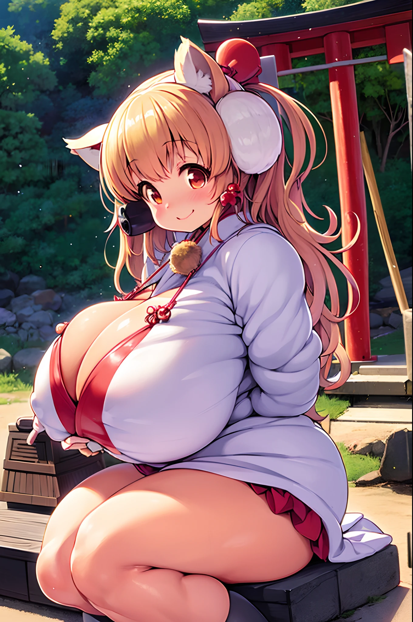 Tanuki Woman、body covered with fur、huge-breasted、kawaii、shrine maiden、Japan white clothes,Red Hakama、torii gate,summer day、From below、Wide Shot、raccoon dog
