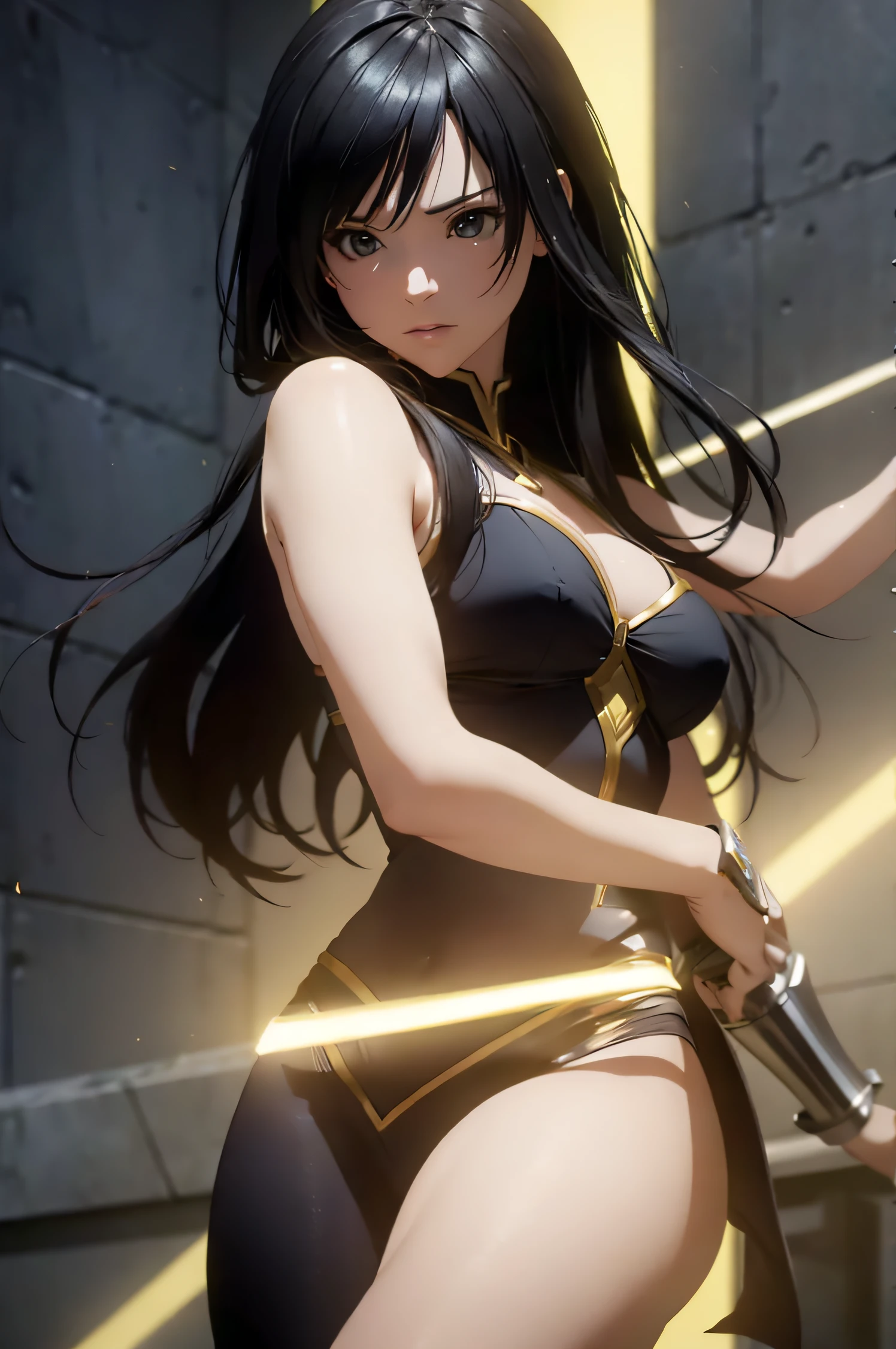 A superheroine wearing skimpy outfit, sleeveless, long hair, flying, wielding daggers, no cape, no mask, dynamic pose, 3d, (8k), detailed texture,(hyperdetailed), (photo realistic), cinematic light, cinematic action, highly detailed, realistic, Isometric, full body, in frame, driven expression, dark theme, (extremely detailed eyes), detailed symmetric realistic face, extremely detailed natural texture, masterpiece, extremely detailed, amazing, fine detail, rich colors, hyper realistic lifelike texture, dramatic lighting, unreal engine, trending on art station, photo realistic, RAW photo, high quality, high res, sharp focus, extremely detailed, cinematic lighting, 8k, high definition, cinematic, neoprene, unreal engine 5, ultra sharp focus