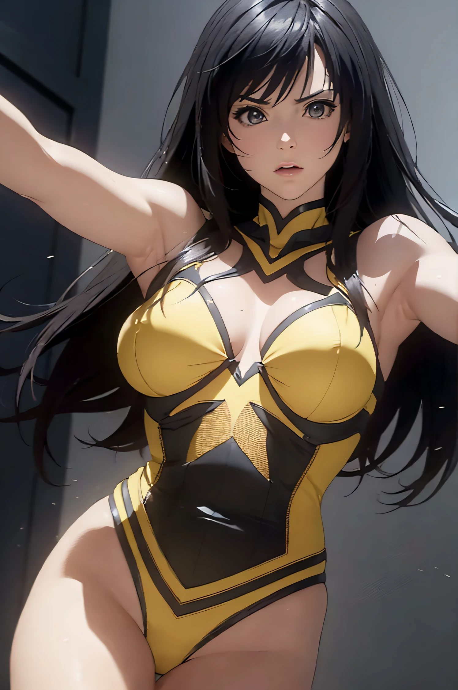 A superheroine wearing skimpy outfit, sleeveless, long hair, flying, wielding daggers, no cape, no mask, dynamic pose, 3d, (8k), detailed texture,(hyperdetailed), (photo realistic), cinematic light, cinematic action, highly detailed, realistic, Isometric, full body, in frame, driven expression, dark theme, (extremely detailed eyes), detailed symmetric realistic face, extremely detailed natural texture, masterpiece, extremely detailed, amazing, fine detail, rich colors, hyper realistic lifelike texture, dramatic lighting, unreal engine, trending on art station, photo realistic, RAW photo, high quality, high res, sharp focus, extremely detailed, cinematic lighting, 8k, high definition, cinematic, neoprene, unreal engine 5, ultra sharp focus