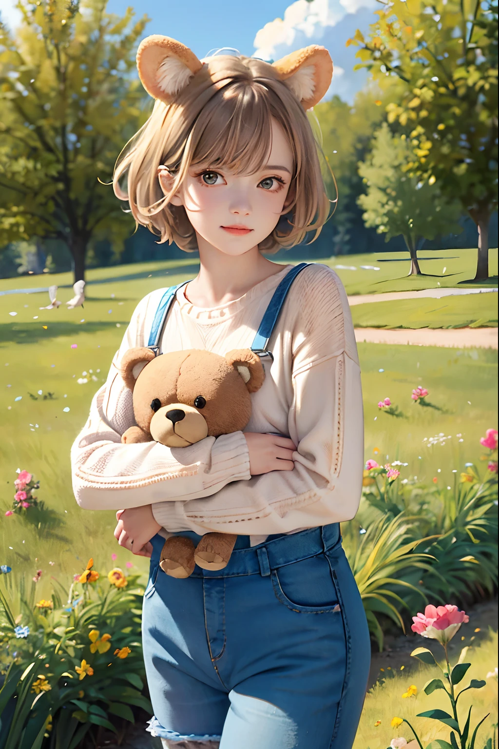 (Masterpiece:1.5, Best quality:1.5), Realistic, (Ultra photo realsisim:1.5), (photograph realistic:1.5), (Real picture, Intricate details), view the viewer, (8K wallpaper:1.5) (From knee to head:1.15), (Detailed face:1.5), (Detailed eyes:1.5), (clear photo),Highly detailed, Ultra-detailed, 超高分辨率, (strong depth of field:1.5)
Style - cute and playful
Positioning—Open field
Background - blue sky and white clouds
Theme - girl with pink knitwear and animal ear caps, Holding a teddy bear
View—Front view
Appearance - short hair, Bright eyes, Ruddy cheeks
Clothing - pink knitted sweater, jeans overalls, White sneakers, Animal ear caps
Posture - Stand with a big smile, Hug the teddy bear
Details - wildflowers and tall grass in the background, Butterflies and birds flying around
Effect - warm sunlight shines on the girl, Cast a soft glow
Description - A cute and innocent girl enjoying her time in an empty field, Surrounded by the beauty of nature. She wears a pink knitted sweater, jeans overalls, Wearing animal ear caps when hugging teddy bears. The warm sun shines on her,wildflowers gently swaying in the breeze. Butterflies and birds flew around her, adding to the playful atmosphere.