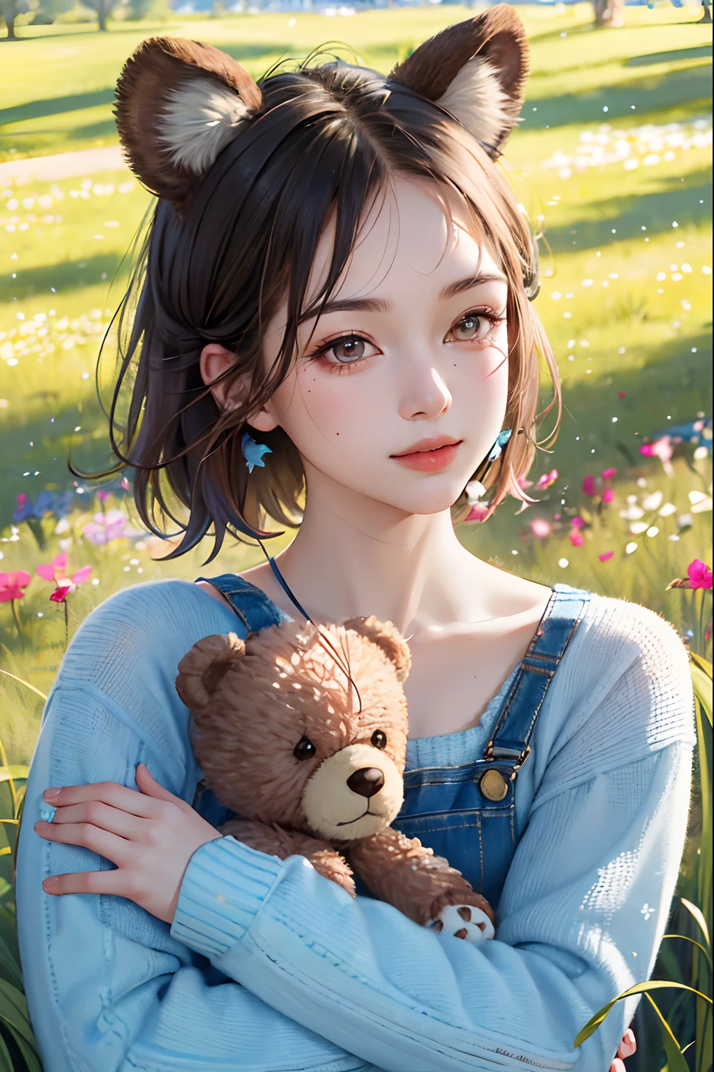 (masterpiece:1.5、top-quality:1.5)、the real thing、(hyper realisitic:1.5)、(Photorealsitic:1.5)、(Real Images、intricate detailes)、Look at viewers、(8k wallpaper:1.5) (from knee to head:1.15)、(A detailed face:1.5)、(A detailed eye:1.5)、(crisp photos)、Extremely detailed、Ultra-high quality resolution (Strong depth of field:1.5)
Style - cute and playful
Search - Open Field
Background - blue sky and white clouds
Subject - Little Girls of Lay Cospre、Have a teddy bear
View - Front View
Appearance - pink ponytail、brown-eyed、Rosy cheeks
Pose - standing with a big smile、stuffed rabbit cuddle
Details - wildflowers and tall grass on background、Butterflies and birds are flying around
Effect - the warm sunshine that falls on the girl is、Gives off a soft shine