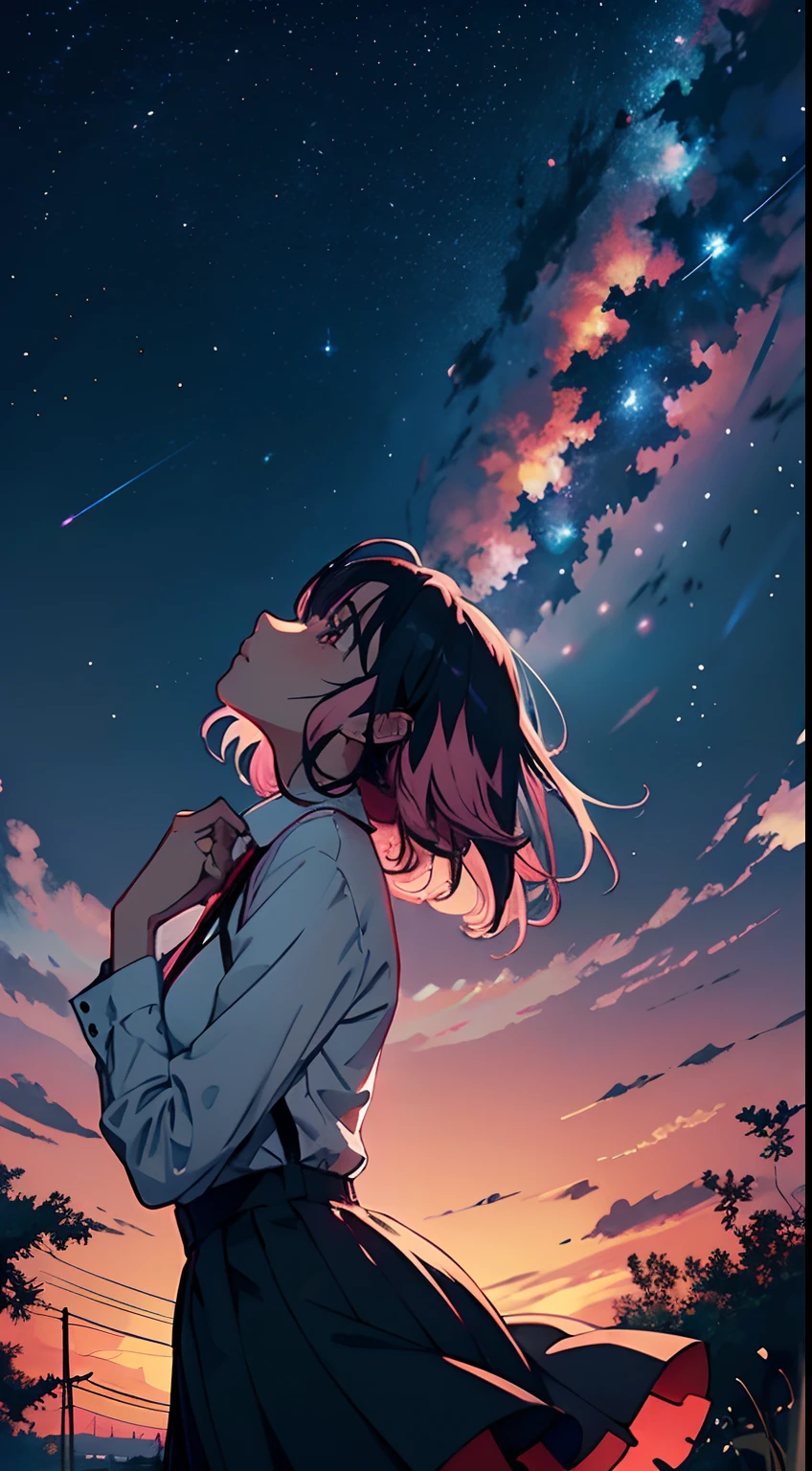 masutepiece, 4K, Anime girl looking at the sky, daytime sky, There are many stars in the sky, Beautiful sky, Beautiful Girl, morning, Beautiful world, Dark, Black hair, Windy weather, amazing photo, morning sky、straight haired，Looking up at the sky、Pink hair color