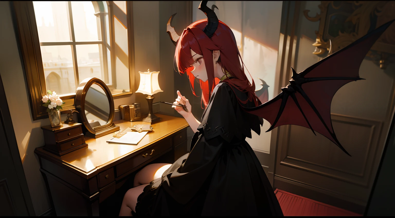 one-girl，black-clad，Red-haired demon，There is a pair of dragon wings on the back，There is a pair of dragon horns on the head，There is a dresser next to it，There are a lot of jewelry pieces on it，vanity table，There are a lot of jewelry pieces on it，vanity table，There are a lot of jewelry pieces on it，Stand in the small attic of the bell tower，Bedrooms，blossoms，the night，It was pitch black，Western fantasy，Fairytales，Works of masters，A high resolution