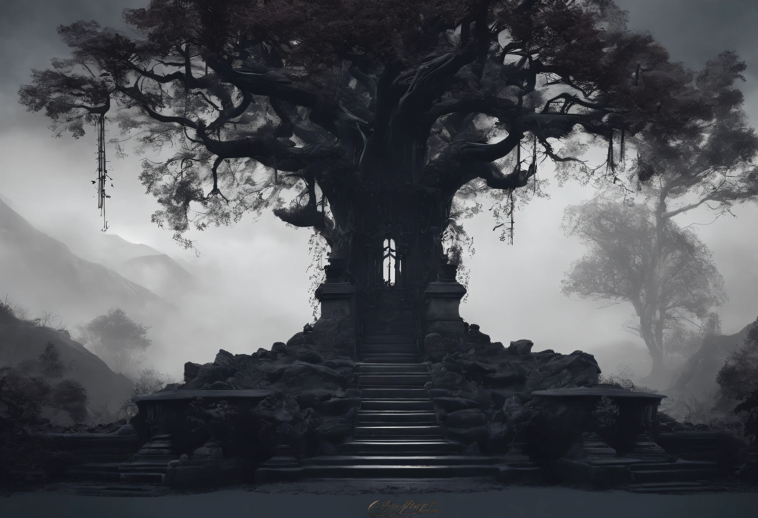 Caveira de frente ultra realista na unreal engine 5 de capuz preto em uma floresta escura e assustadora com neblina