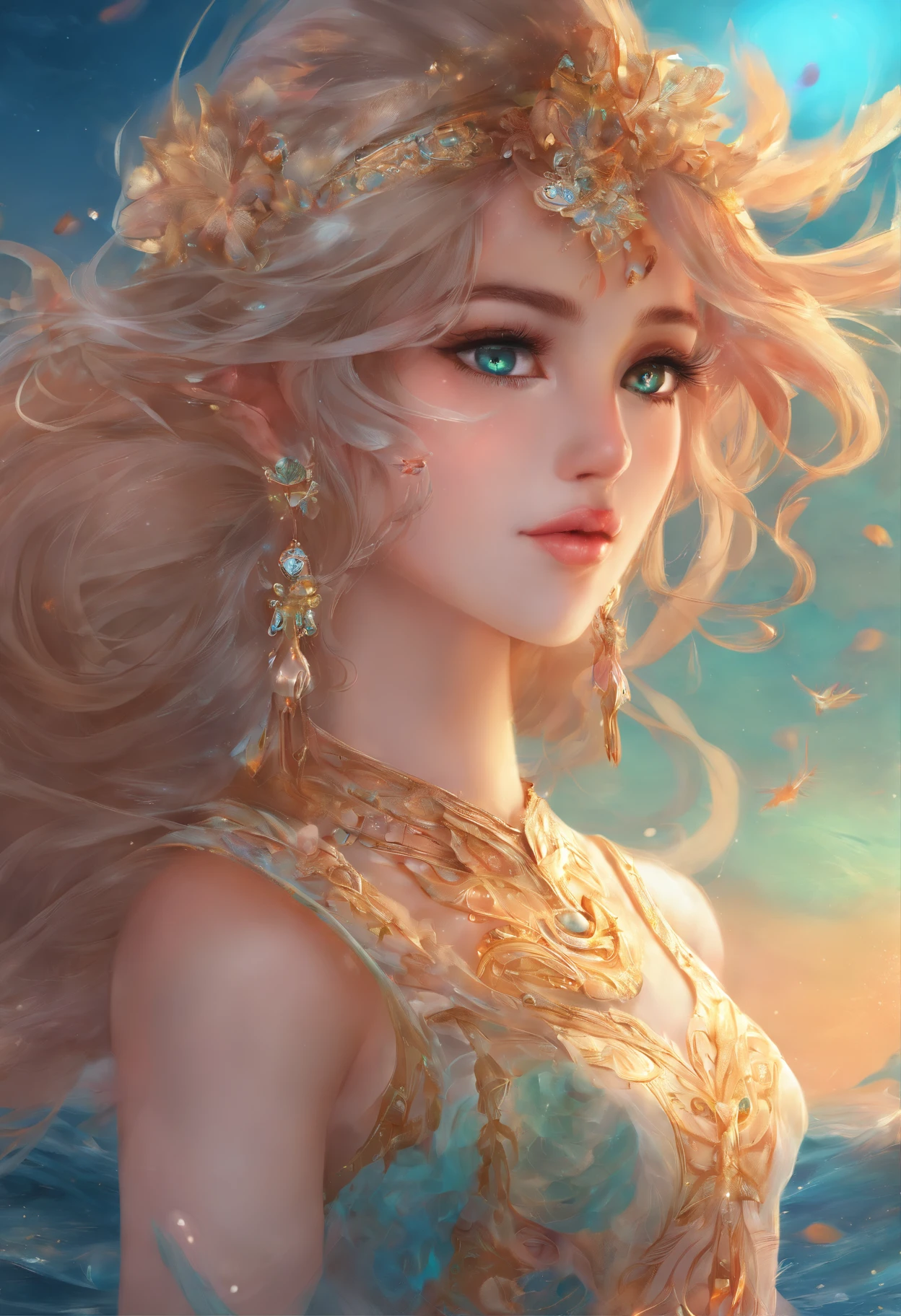 a photography, HD,, photo, woman, beautiful dress ornate, mdjrny-v5, style portrait of a gorgeous blond female in the style of stefan kostic, realistic, half body shot, sharp focus, 8 k high definition, insanely detailed, intricate, elegant, art by stanley lau and artgerm, extreme blur flames background, Princess girl with wing, Blue, Pastel, glitter, dramatic, dreamy, pastel, Watercolor, Whimsical, Delicate, seashell crown, Trending on Artstation, Highly detailed, Intricate, Portrait, digital painting, Fantasy theme, Fantasy robes, Fantasy concept art, Fantasy character art, Smug, Teenage girl, perfect body, full body, dreamy, pastel, Watercolor, Whimsical, Delicate, seashell crown masterpiece, 8k, perfect lighting, , adult, female, cowboy shot, looking at viewer, cinematic lighting, Fawn