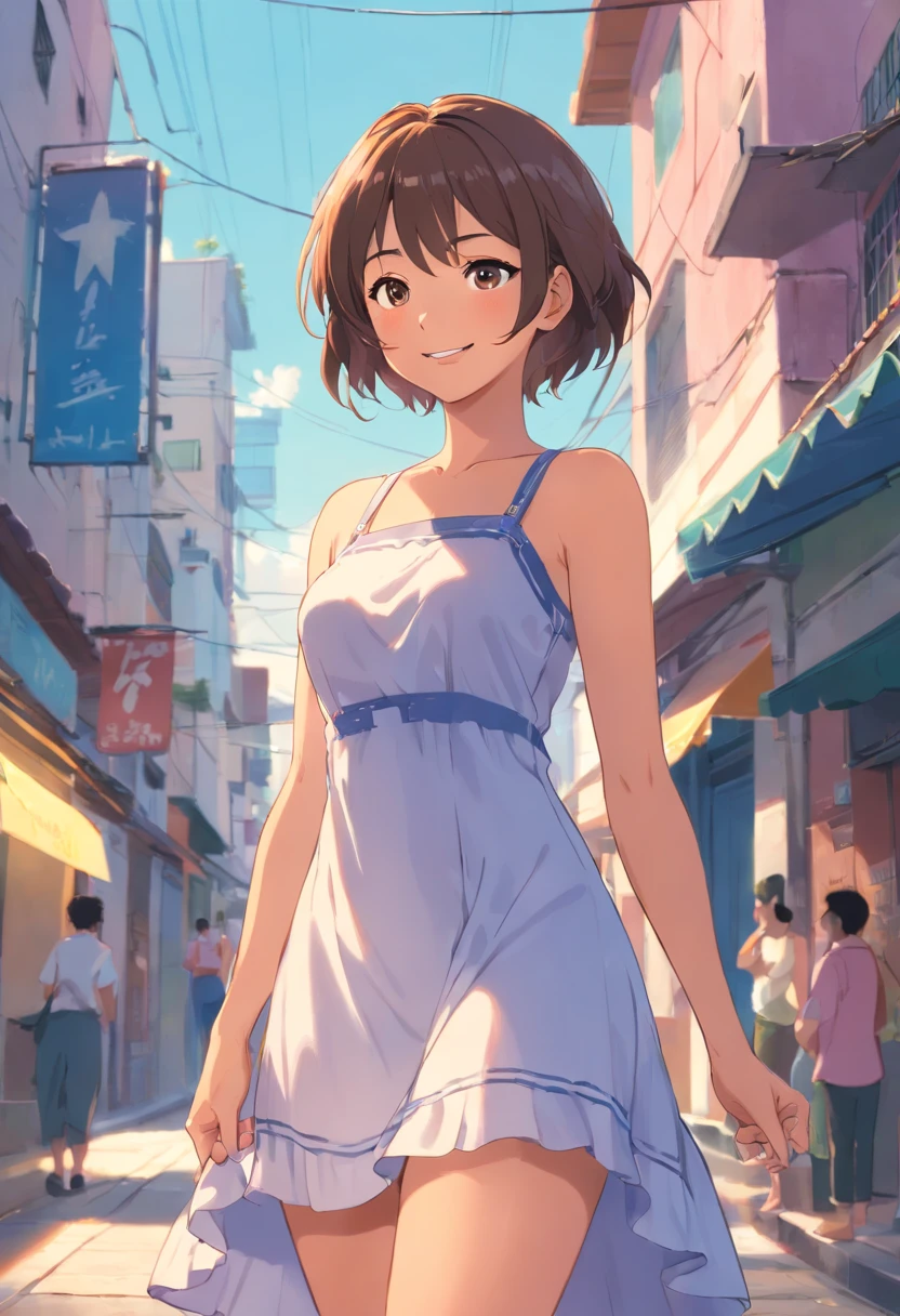 Please create an image of a female teenager, in anime style, smiling and cheerful, with fair skin, with short light brown hair, black eyes, small breast a cup, large downblouse, no bra , no panties, wearing a white shoulder bag, showing her armpit, nipple slip, walking down the street, 