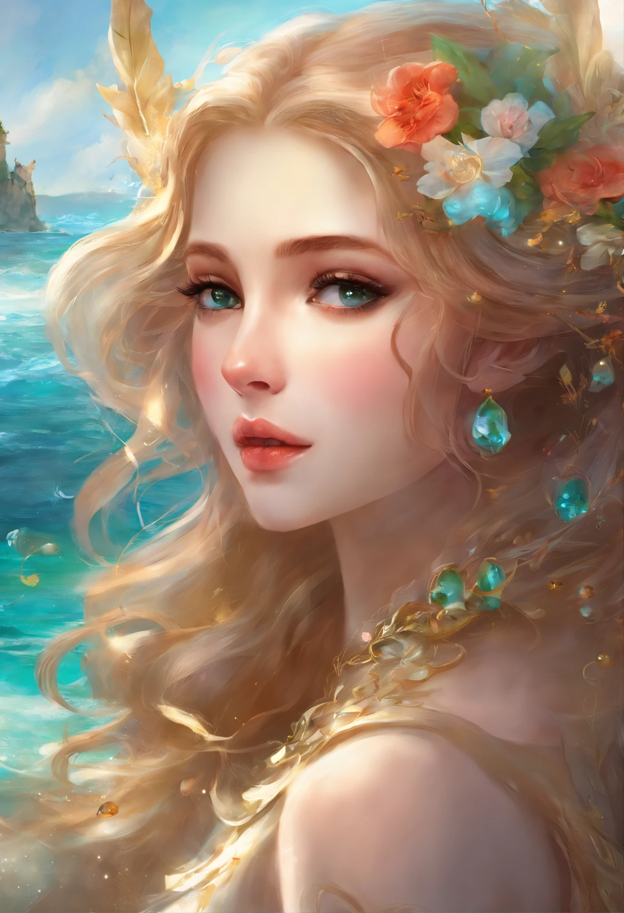 Masterpiece:1.4),, (Best quality:1.4),, Ultra-high RES,, 8K, CG,, (Extremely delicate and beautiful:1.2),,The upper part of the body,, 1girll,, Solo,, fashi-girl,, Mature girl,, , huge tit, Sweet,, , Sea backgroun,the reef,swell sea,Long brown hair,, pony-tail hair,, , Brown eyes,, Closed mouth,, Red lips,, , Face blown by the wind,, ,Delicate depiction of facial features,almond eyes,Delicate eyeliner。long eyelasher,Green pupils,Black pupils,There is starlight in the eyes,Delicate lip detailing,Oil painting quality,Thick painting style, Venus Beauty,the ocean,foamy,Standing on a huge shell