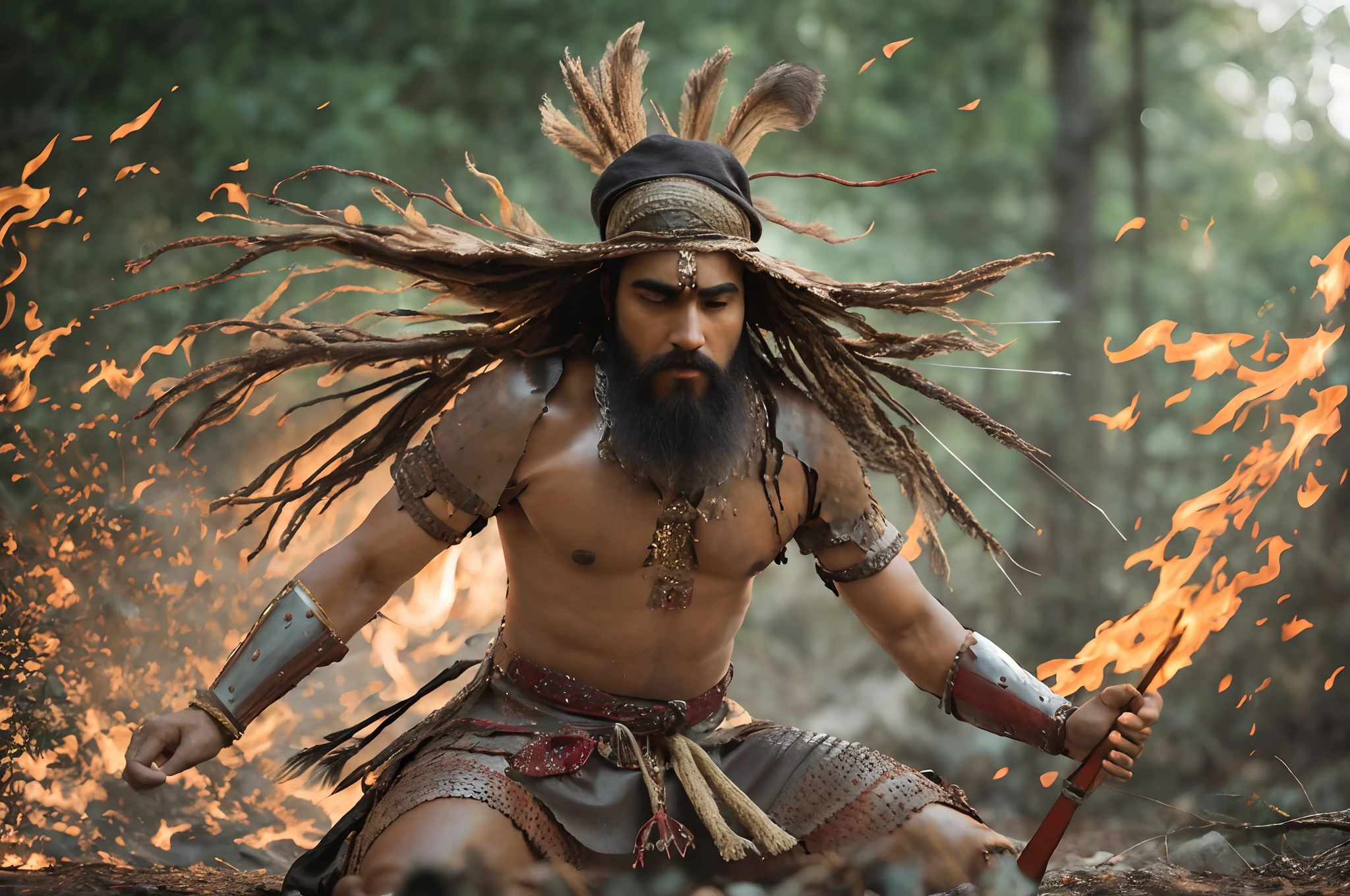 There's a man with dreads and a beard sitting in the woods, imagem de um guerreiro masculino adulto, ainda de um filme de fantasia, Indian warrior, man holding spear, 3 d render of a shaman, foto de retrato, xamanismo, homem guerreiro, guerreiro poderoso, dramatic cinematic action shot, efeitos visuais criativos, guerreiro antigo, fire behind him, Foto do personagem de fantasia