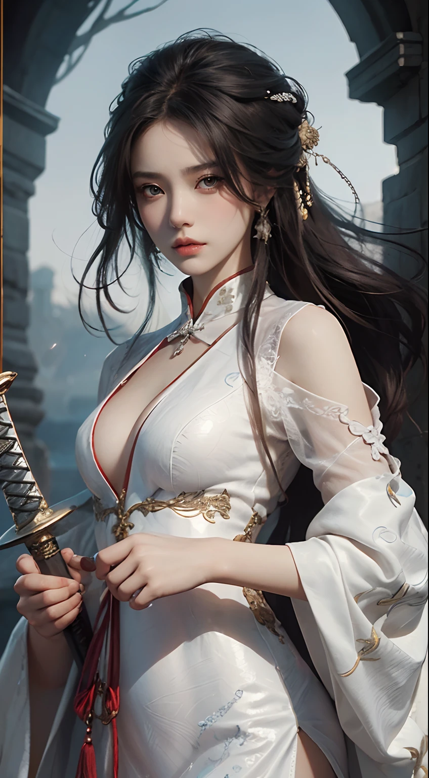 a close up of a woman with a sword in a white dress, a character portrait by Yang J, trending on cgsociety, fantasy art, beautiful character painting, artwork in the style of guweiz, guweiz, white hanfu, flowing white robes, full body wuxia, epic exquisite character art, stunning character art, beautiful female assassin