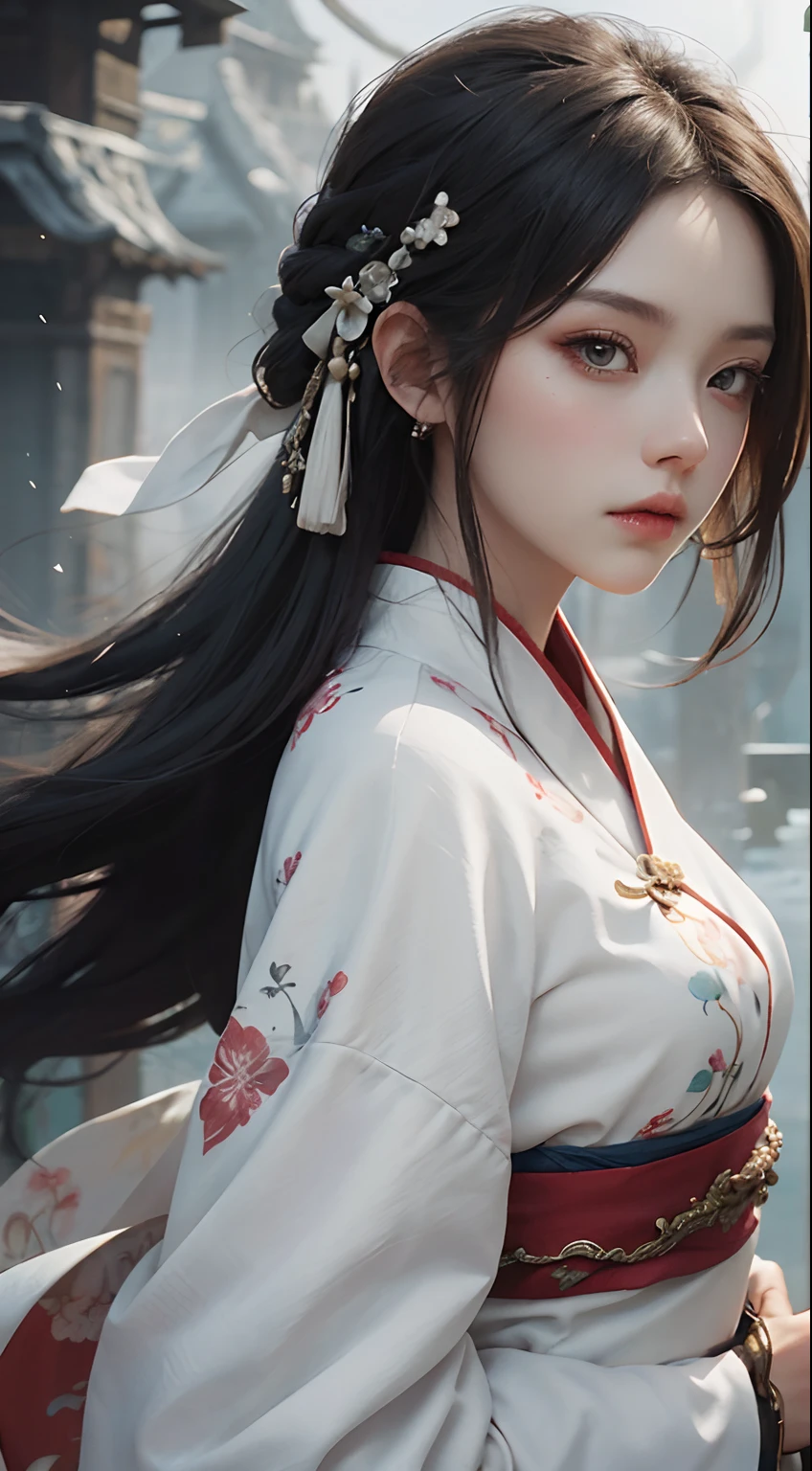 a close up of a woman with a sword in a white dress, a character portrait by Yang J, trending on cgsociety, fantasy art, beautiful character painting, artwork in the style of guweiz, guweiz, white hanfu, flowing white robes, full body wuxia, epic exquisite character art, stunning character art, beautiful female assassin