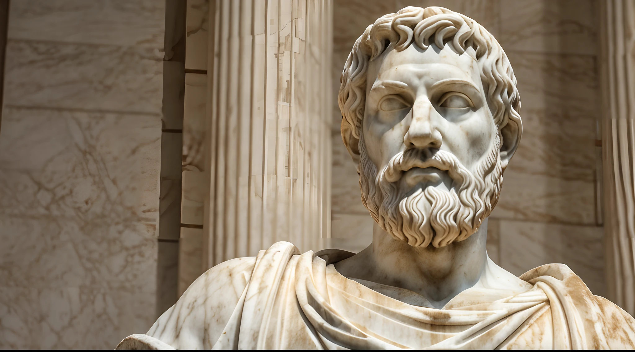 A realistic Greek white marble statue of the brave Aristotle detailed wearing a ghostly toga, fundo neutro, Moody, , fotorrealista, Jantar de cinema atencioso, super detalhada, Hiper realista, luzes brilhantes, 8 mil