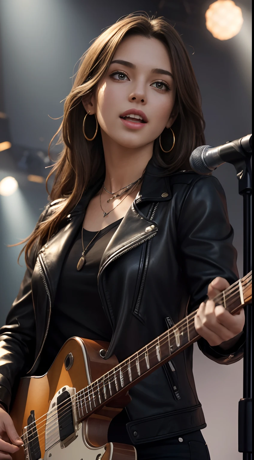(Masterpiece:1.3, Best quality, Photorealistic, Ultra-detailed, finely detailed, high resolution, 8K wallpaper), 1 beautiful girl, Lead singer in a band group, In a leather jacket, Sing with an electric guitar, Standing microphone, Mouth open, Beautiful face, Detailed face, Beautiful eyes, Detailed eyes, Smiling, Earrings, necklace, Detailed guitar, (Straight guitar neck and strings), Medium length light brown hair, be on stage, spotlight, Look at the viewer