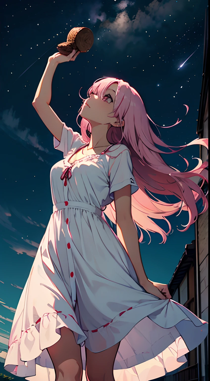 masutepiece, 4K, Anime girl looking at the sky, daytime sky, There are many stars in the sky, Beautiful sky, Beautiful Girl, morning, Beautiful world, Dark, Black hair, Windy weather, amazing photo, morning sky、straight haired，Looking up at the sky、Pink hair color、White dress