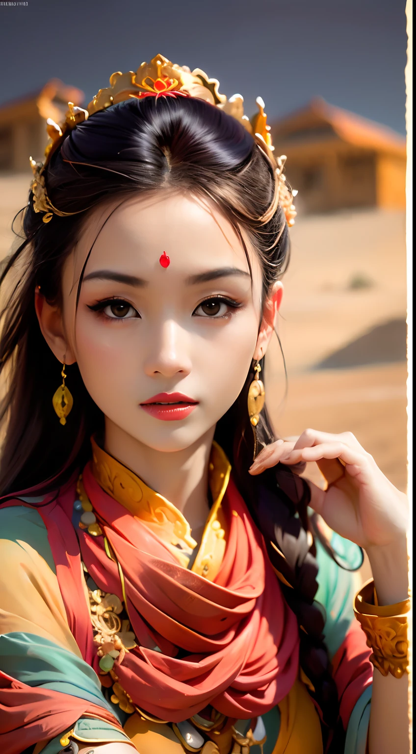 Masterpiece, (best quality: 1.3), super high resolution, original photos, detailed skins, beautiful lighting, (realistic, realistic: 1.4), 1girl, Dunhuang, Gobi Desert