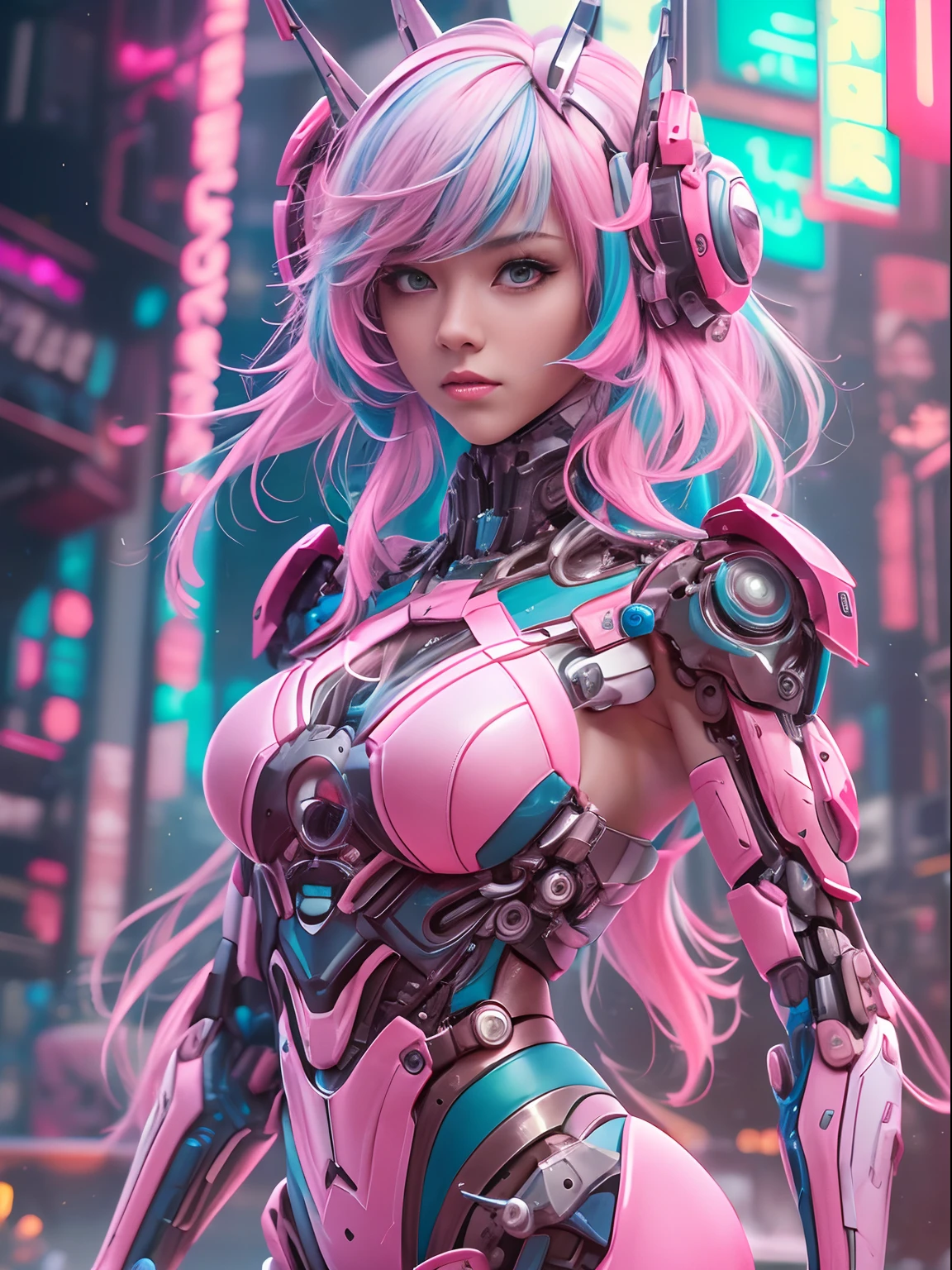 masterpiece, hightquality, hight resolution, high textured, 8K, HighDynamicRange, Robot girl in bikini costume, medium breasts, Pink transparent tights, mechs, medium cyan hair, bangs, Mechanical prosthetics, mechanical legs, dishevled hair, Detailed skin,Fine-grained skin, natta, cyberpunkcity,