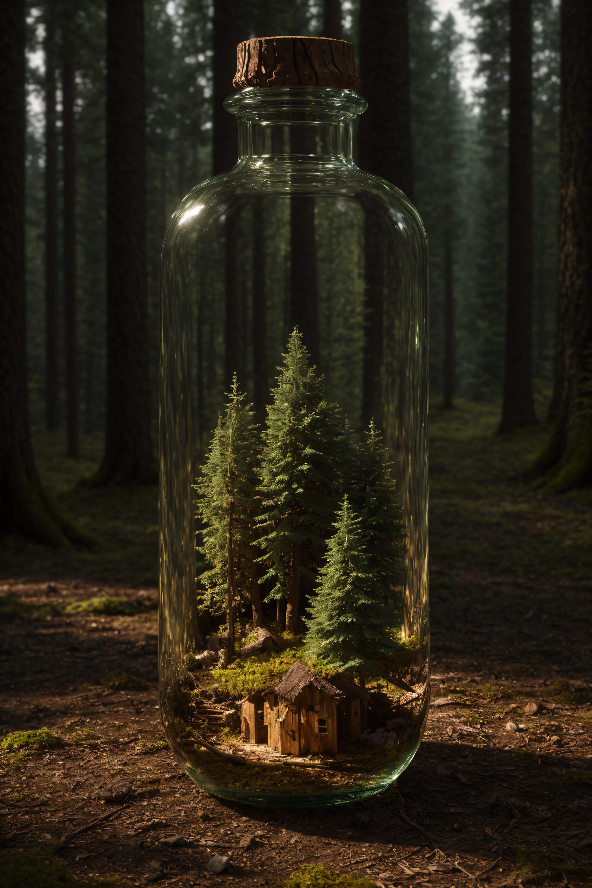 (An intricate forest minitown landscape trapped in a bottle), atmospheric oliva lighting, on the table, 4k UHD, dark vibes, hyper detailed, vibrant colours forest background, epic composition, octane render, sharp focus, high resolution isometric