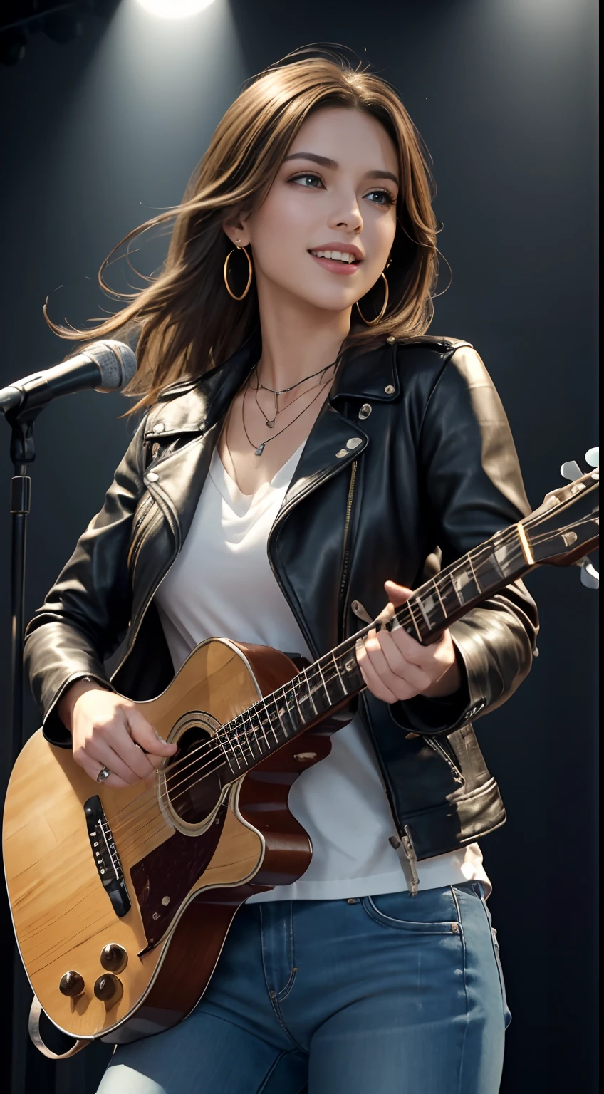 (Masterpiece:1.3, Best quality, Photorealistic, Ultra-detailed, finely detailed, high resolution, 8K wallpaper), 1 beautiful girl, Lead singer in a band group, In a leather jacket, Sing with an electric guitar, Standing microphone, Mouth open, Beautiful face, Detailed face, Beautiful eyes, Detailed eyes, Smiling, Earrings, necklace, Detailed guitar, (Straight guitar neck and strings), Medium length light brown hair, be on stage, spotlight, Look at the viewer