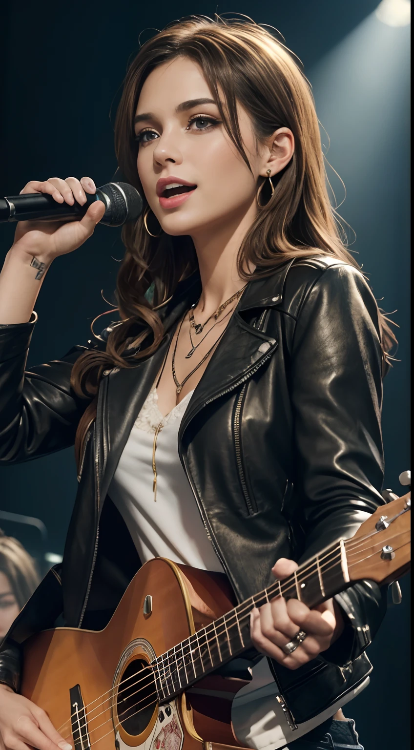 (Masterpiece:1.3, Best quality, Photorealistic, Ultra-detailed, finely detailed, high resolution, 8K wallpaper), 1 beautiful girl, Lead singer in a band group, In a leather jacket, Sing with an electric guitar, Standing microphone, Mouth open, Beautiful face, Detailed face, Beautiful eyes, Detailed eyes, Smiling, Earrings, necklace, Detailed guitar, (Straight guitar neck and strings), Medium length light brown hair, be on stage, spotlight, Look at the viewer