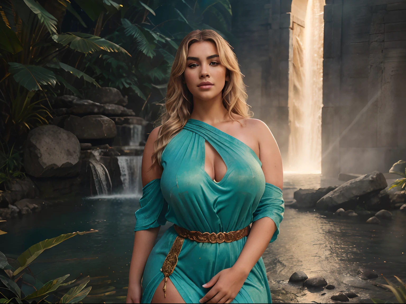 Milf plus size blonde hair, master part, (((Figura completa))) corpo inteiro no quadro, (((magical lighting action shot))) (((Beautiful light smile seductive sexy pale Irish goddess Woman standing in marble by waterfall and ancient temple high camera angle))), ((( intrincado verde renda futuro fantasia vestido longo cobrindo o corpo))) , (((longos cabelos loiros))) sunset lighting, Hora de Ouro, Cores douradas, Very detailed, dramatic lighting, digital art trending on Artstation 8k HD high definition detailed realistic, circunstanciado, textura da pele, hiper detalhado, textura de pele realista, Armadura, melhor qualidade, ultra high-resolution, (fotorrealista:1.4), high resolution, circunstanciado, Foto RAW, sharp re, by Lee Jeffries Nikon D850 film Stock Photography 4 Kodak Portra 400 camera F1.6 lens rich colors hyper realistic lifelike texture dramatic lighting unrealengine trending on artstation cinestill 800, (((corpo plus size realista)))