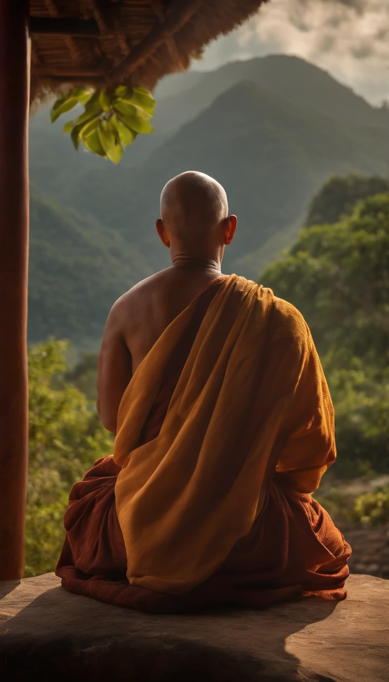 Mature monk sitting in meditation position, contemplando um horizonte lindo com o sol se pondo, Man is in deep connection with the divine, The landscape is ultra detailed, homem ultra realista, tudo bem detalhado e lindo, ultra qualidade. Realismo 8K