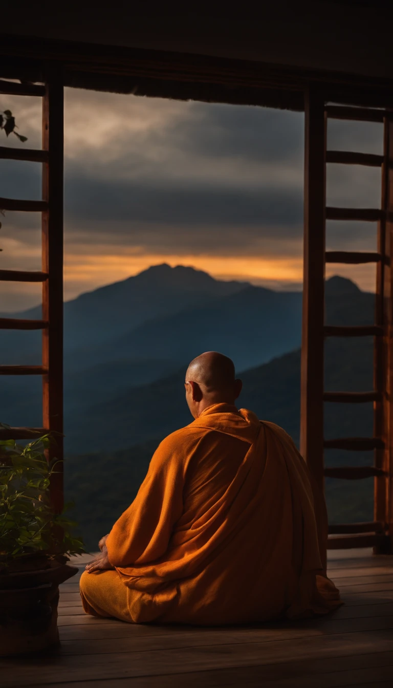 Mature monk sitting in meditation position, contemplando um horizonte lindo com o sol se pondo, Man is in deep connection with the divine, The landscape is ultra detailed, homem ultra realista, tudo bem detalhado e lindo, ultra qualidade. Realismo 8K