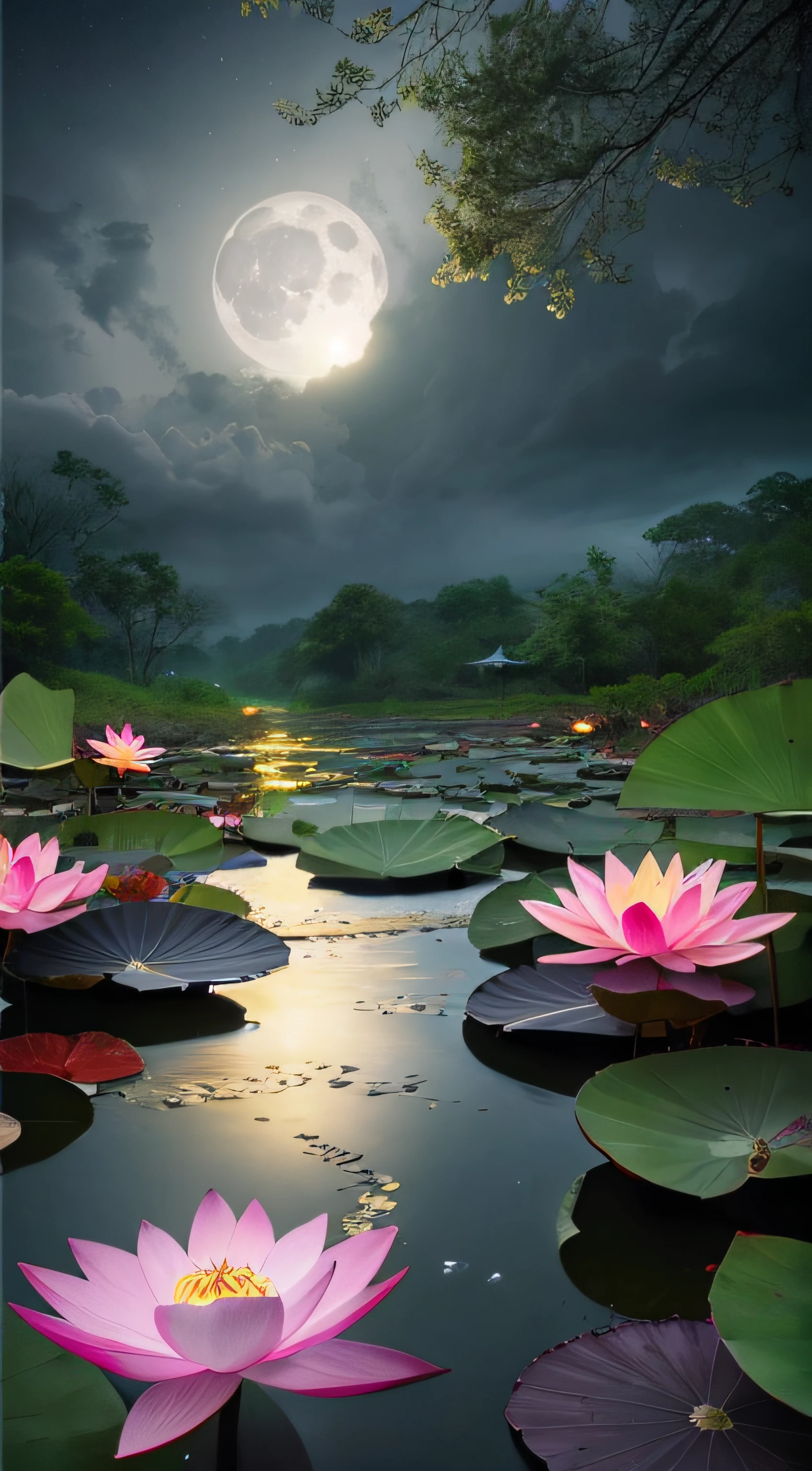 violent storm，Lotus pond moonlight，High detail，lightand shade contrast，hyper HD，tmasterpiece，winning artwork，Best quality at best，A high resolution，16k