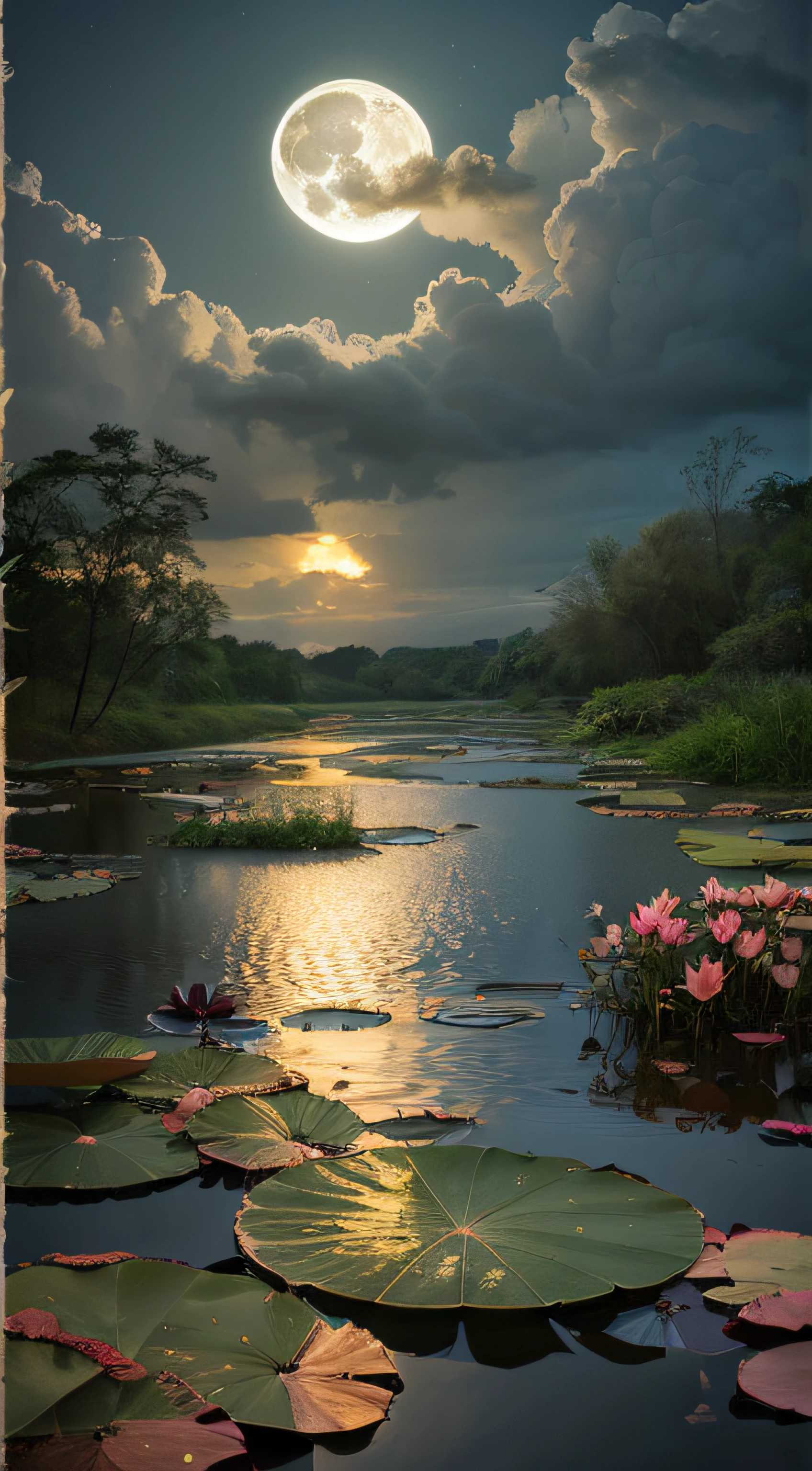 violent storm,Lotus pond moonlight,High detail,lightand shade contrast,hyper HD,tmasterpiece,winning artwork,Best quality at best,A high resolution,16k