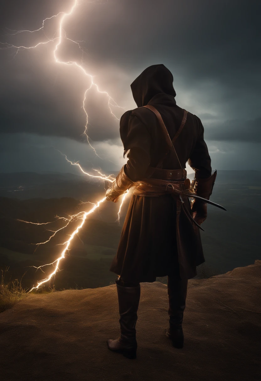 a thief wearing a bow, Using a Lightning Coil, (melhor qualidade,4k,Altas:1.2),ultra-detalhado,(Realistic:1.37),fotografia+,Landscape,aventureiro,heroic