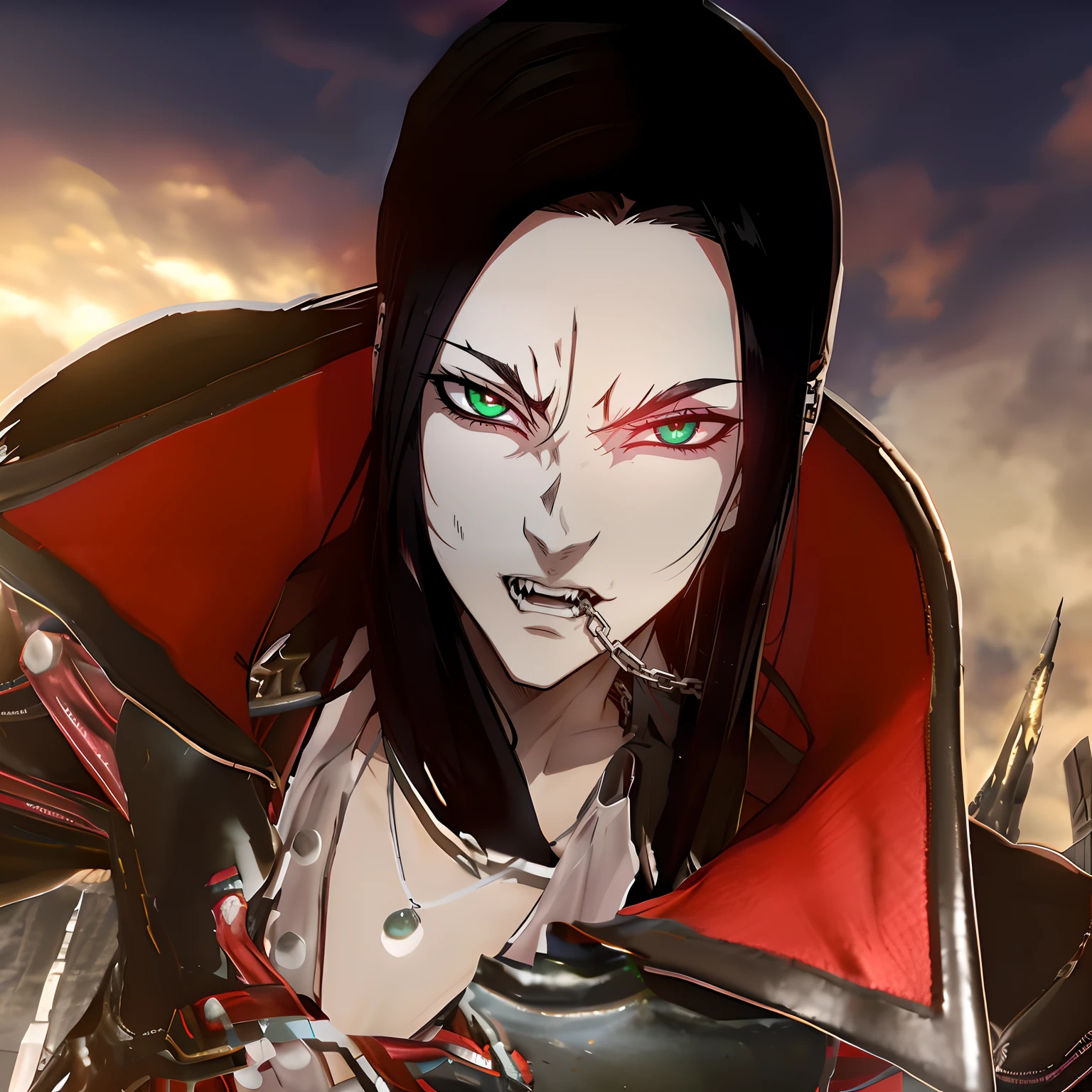 Anime style, anime version, green eyes, vampire boy, alucard, metalhead boy, Black long hair boy, close face, pale skin, extreme long hair boy, vampire style, gothic boy, vanitas Mouth piercing, chain from mouth to ear, dark theme, beautiful boy, extreme long hair boy, gothic boy, Mouth piercing, chain from mouth to ear