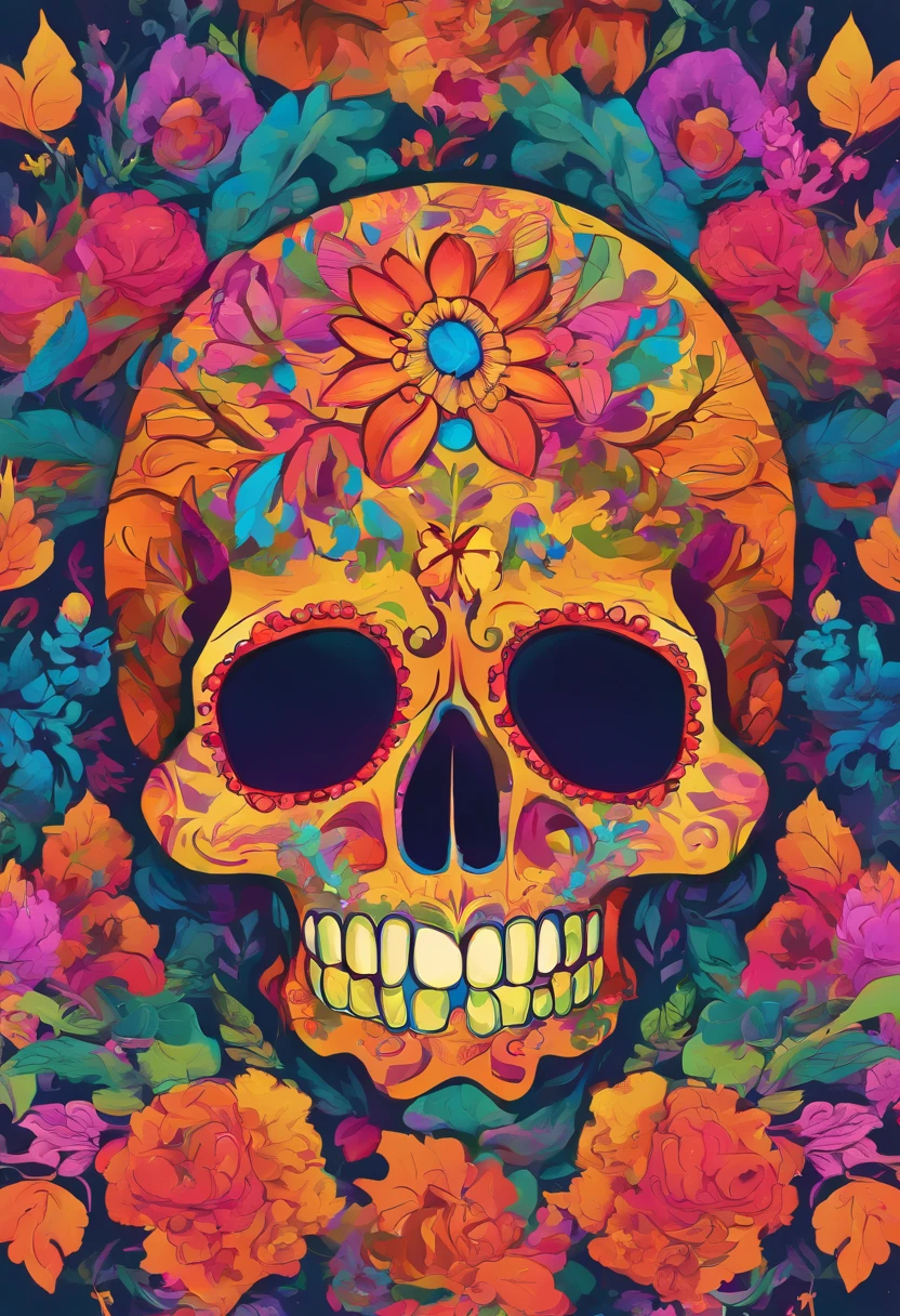 image of a skull shrouded in flowers and leaves, ((sugar skull)), day of the dead, fantasy skull, detailed art, sacred skull, skull paint, portrait of a sugar skull, hauntingly beautiful art, beautiful art uhd 4 k, skull bones flowers, jen bartel, death skull, artwork, ((face)), bright colors