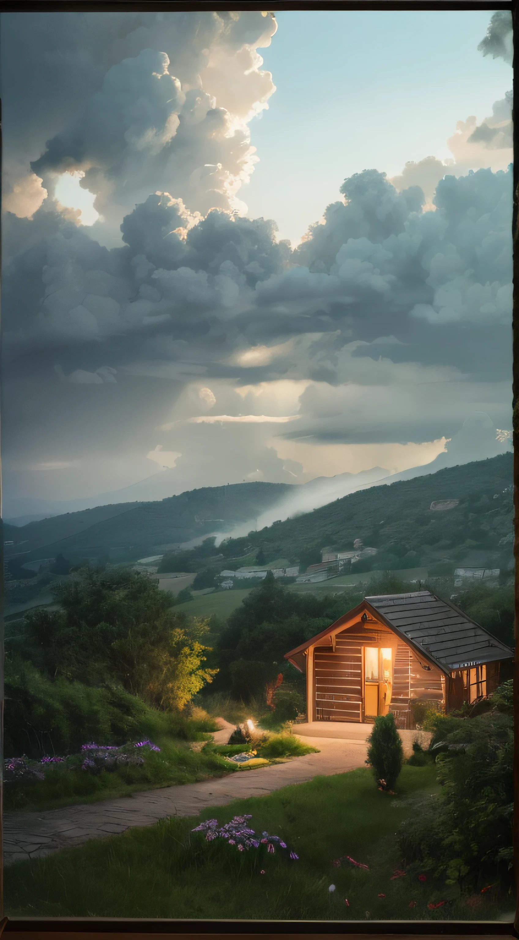 violent storm，floor to ceiling window，sofe，fireplace， cats，a plant，the woods，hilltop，High detail，lightand shade contrast，hyper HD，tmasterpiece，winning artwork，Best quality at best，A high resolution，16k