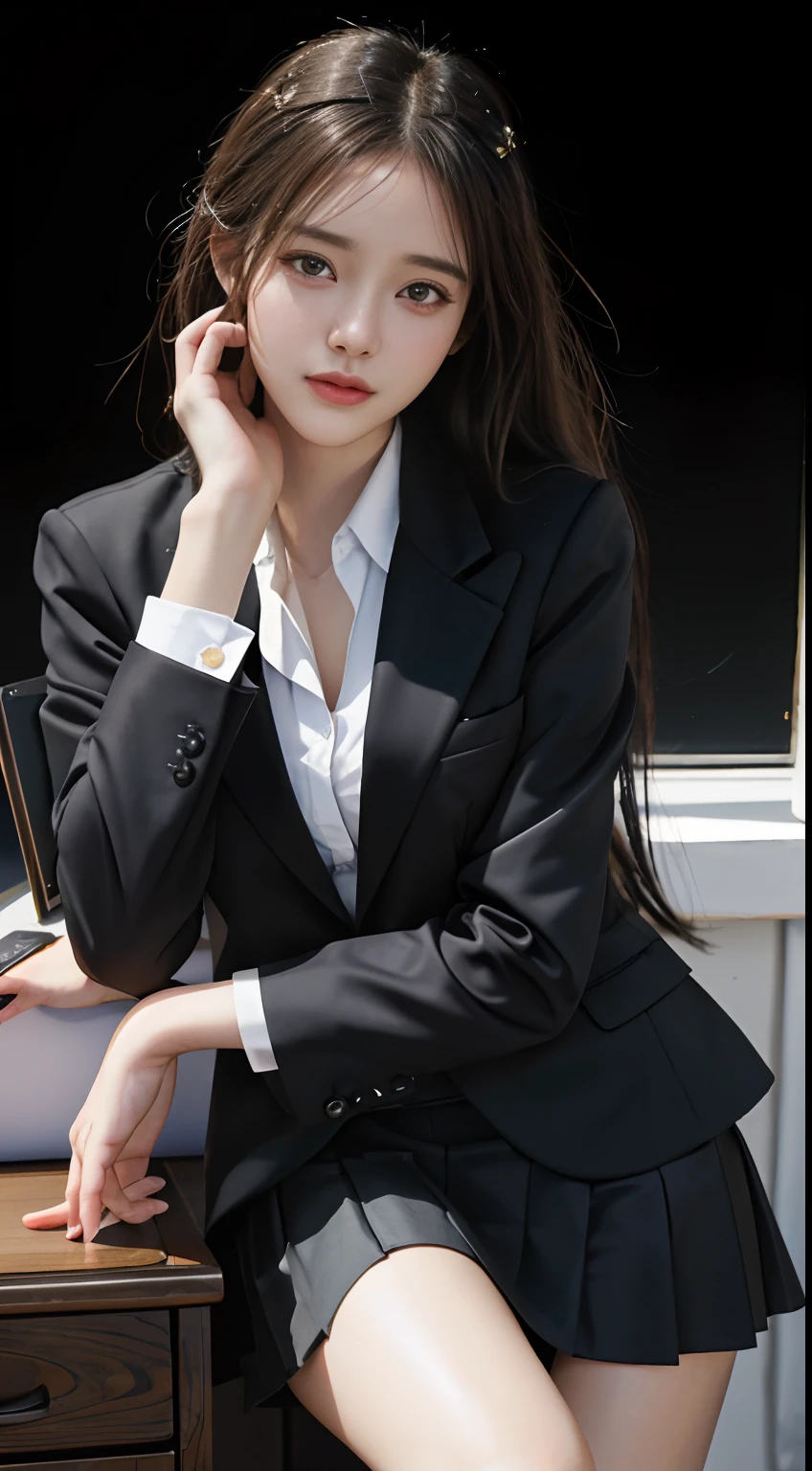 Top Quality, Masterpiece, 1 Girl, Beautiful Face, (Photorealistic Picture:1.3), Rim Lighting, (High Detail Skin:1.2), 8K UHD, DSLR, High Quality, High Resolution, 4K, 8K, Bokeh, Absurdity, Best Ratio Four Fingers and One Thumb, (Real:1.3), Small Face, Cute One Girl, Black Formal Blazer, Middle Breast, Short Skirt,Office