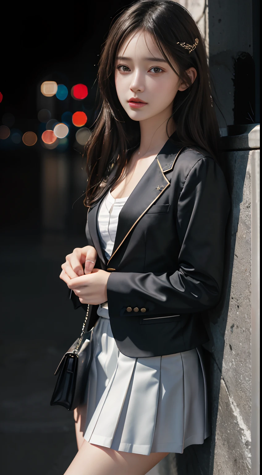 Top Quality, Masterpiece, 1 Girl, Beautiful Face, (Photorealistic Picture:1.3), Rim Lighting, (High Detail Skin:1.2), 8K UHD, DSLR, High Quality, High Resolution, 4K, 8K, Bokeh, Absurdity, Best Ratio Four Fingers and One Thumb, (Real:1.3), Small Face, Cute One Girl, Black Formal Blazer, Middle Breast, Short Skirt,Office