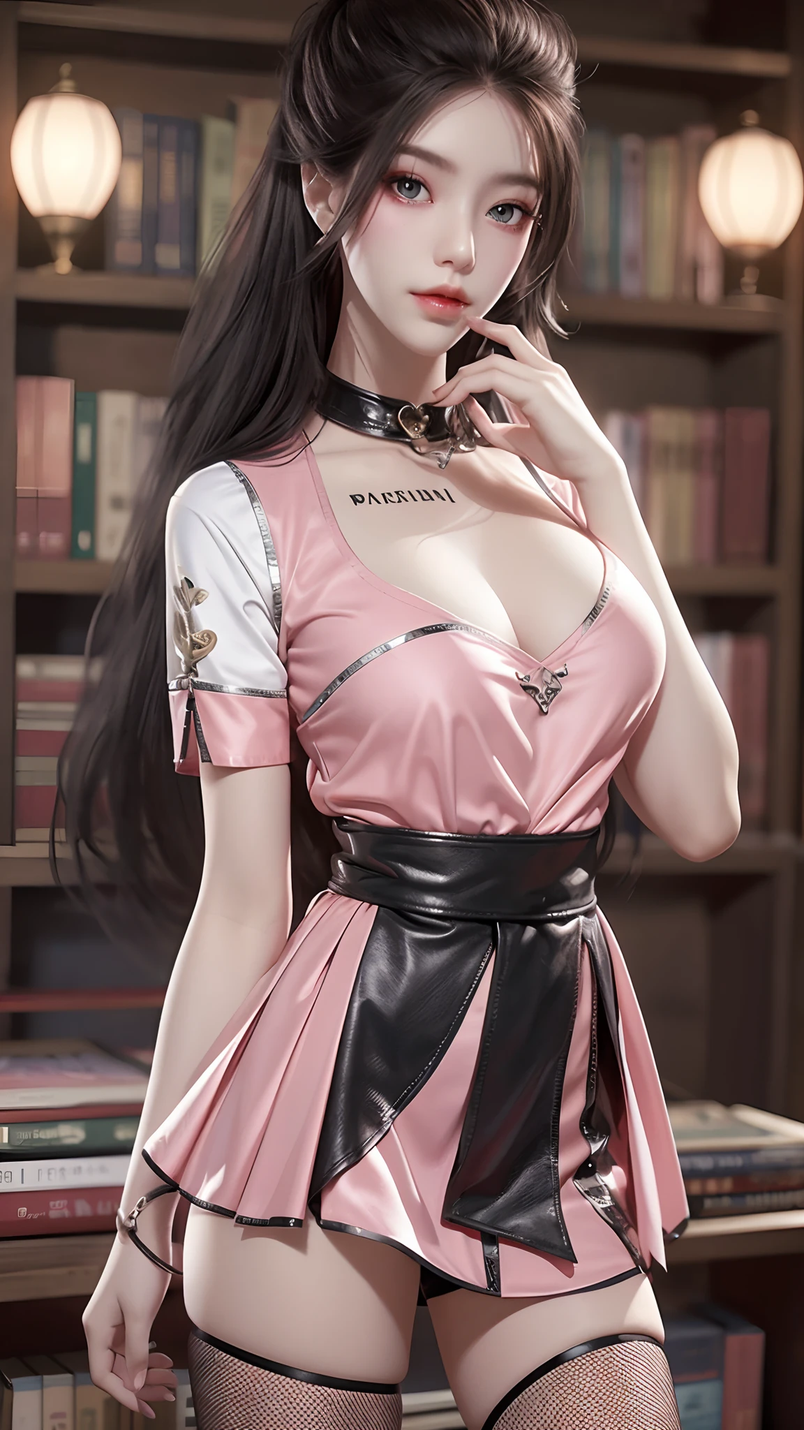 Best quality, masterpiece, super high resolution, realistic, a girl, (pretty face: 1.4), pink collar shirt, short black skirt (big breast, narrow waist), long hair, in the library, background blur, beautiful lighting, shiny skin
