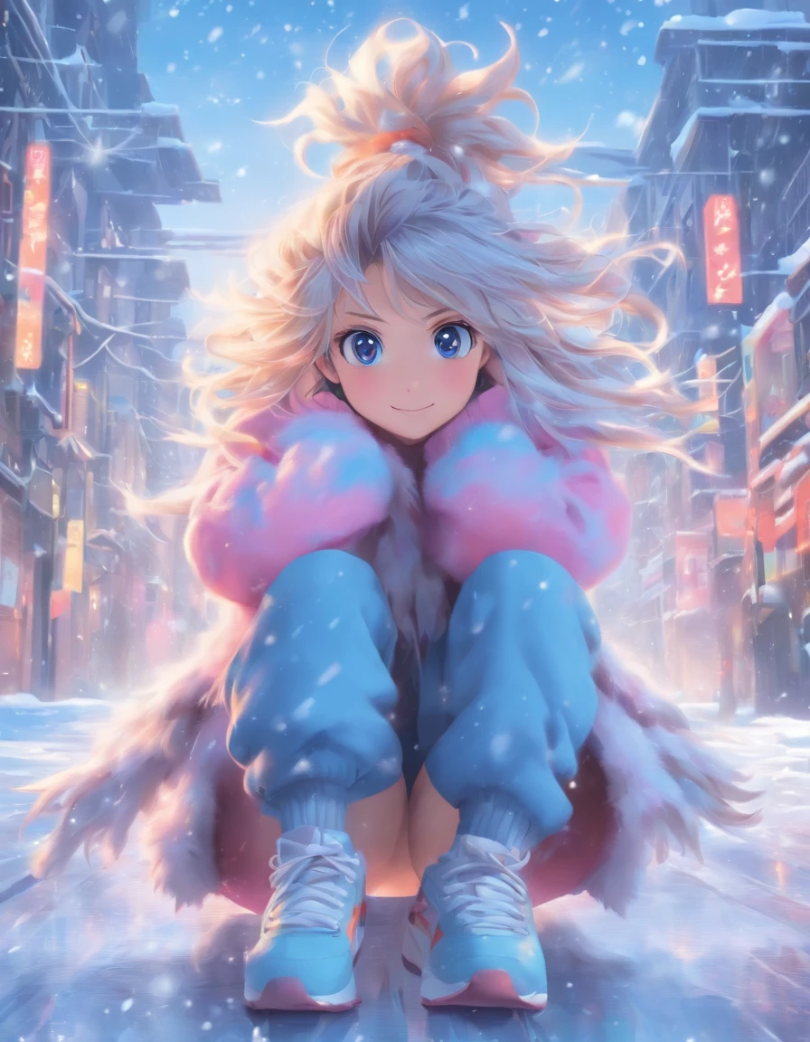 中景 the scene is，super-fine，Genki girl，Full body like，adolable，Sitting cross-legged on the street，ssmile，long whitr hair，sweatshirts，denim pant，athletic sneakers，Heavy snow in winter，The hair is meticulously depicted，The eyes are meticulously depicted， highly detailed surreal vfx，oc rendered，