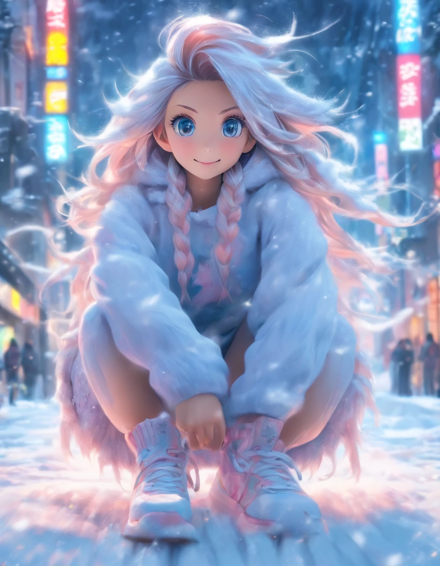 中景 the scene is,super-fine,Genki girl,Full body like,adolable,Sitting cross-legged on the street,ssmile,long whitr hair,sweatshirts,denim pant,athletic sneakers,Heavy snow in winter,The hair is meticulously depicted,The eyes are meticulously depicted, highly detailed surreal vfx,oc rendered,