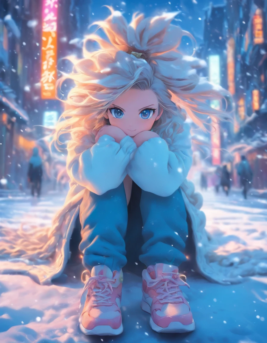 中景 the scene is,super-fine,Genki girl,Full body like,adolable,Sitting cross-legged on the street,ssmile,long whitr hair,sweatshirts,denim pant,athletic sneakers,Heavy snow in winter,The hair is meticulously depicted,The eyes are meticulously depicted, highly detailed surreal vfx,oc rendered,