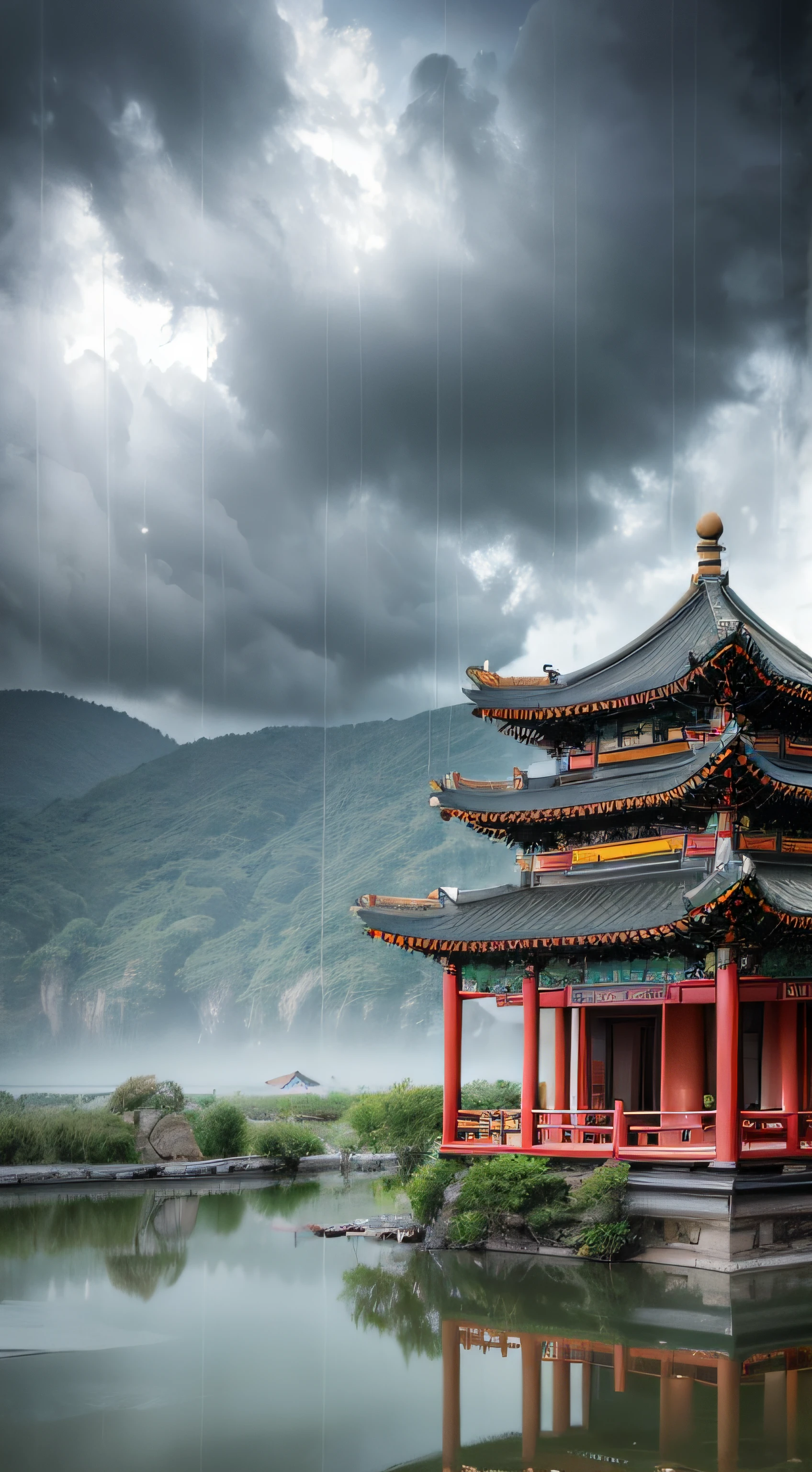 violent storm,dark stormy clouds,snow mountains,Chinese architecture,water,Lotus,High detail,lightand shade contrast,hyper HD,tmasterpiece,winning artwork,Best quality at best,A high resolution,16k