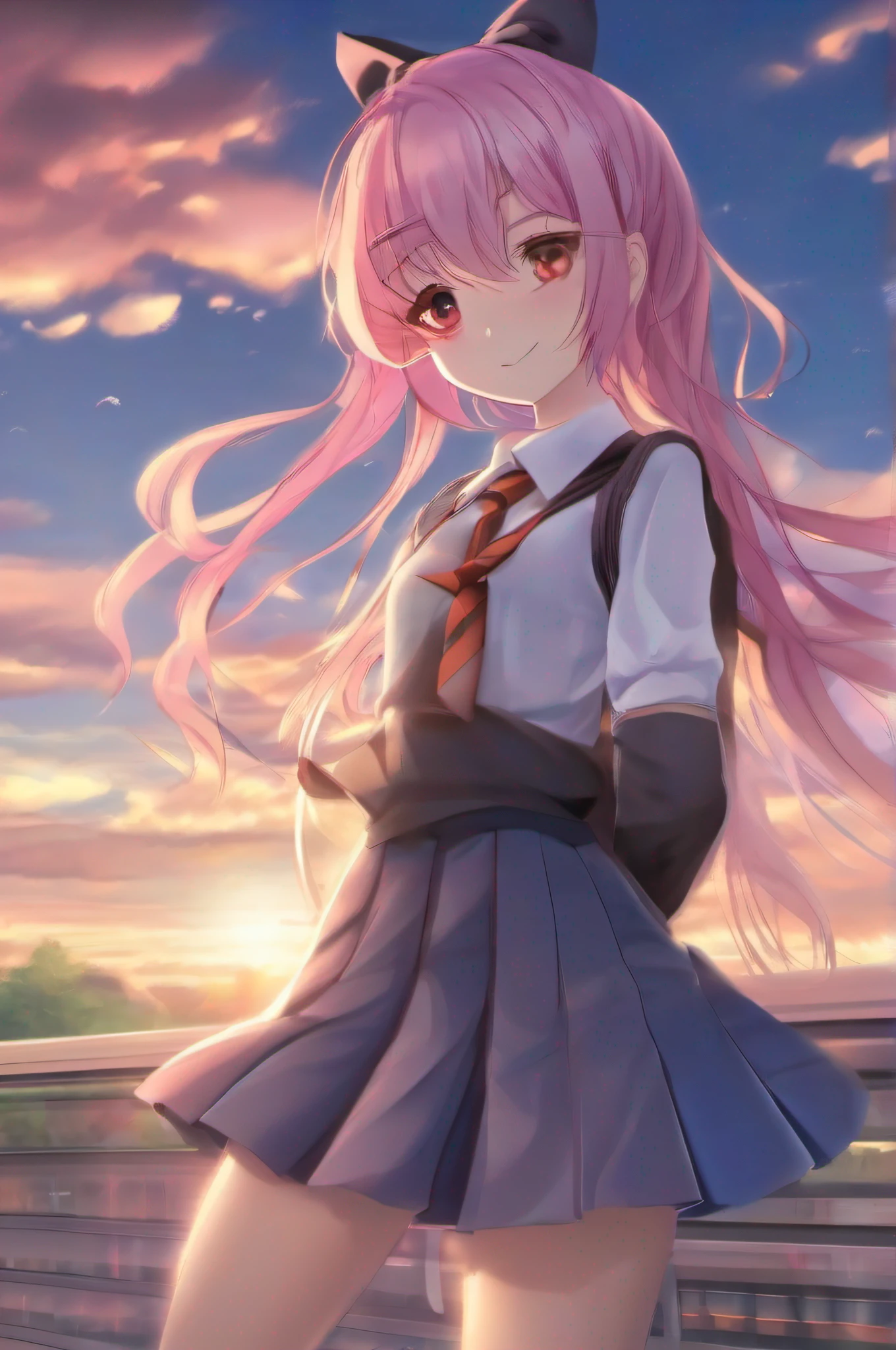 1girll, Solo, Long hair, Skirt, ribbon, sky, Cloud, Sunset, Pink hair, kneehighs, school uniform, Outdoors, Pleated skirt, sweeping bangs, standing, Dutch angle, view the viewer, Very long hair, Smile